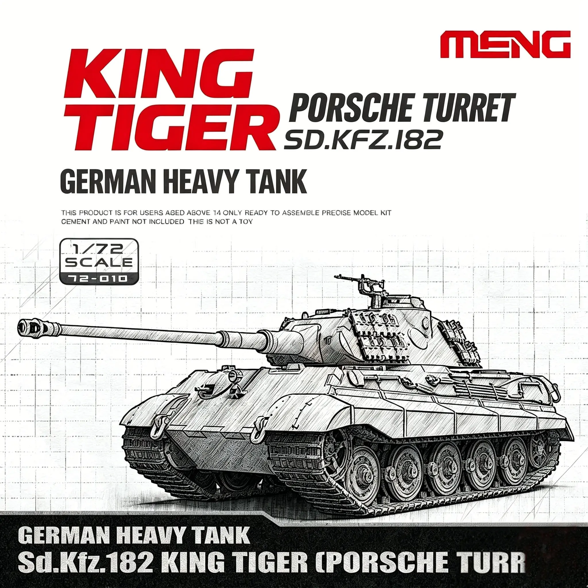 Meng 72-010 1/72 Scale German Heavy Tank SD.kfz. 182 King Tiger Porsche Turret Model Kit, Detailed Military Vehicle Replica