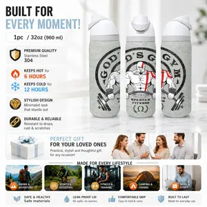 1pc 32oz God of War Spartan Warrior God's Gym Weightlifting Print 304 Stainless Steel Insulated Cup | Dual Sip Straw Lid With Carry Handle, Double Wall Heat Cold Insulation Leakproof Travel Bottle, Fitness Bodybuilding Mug for Workout Sports