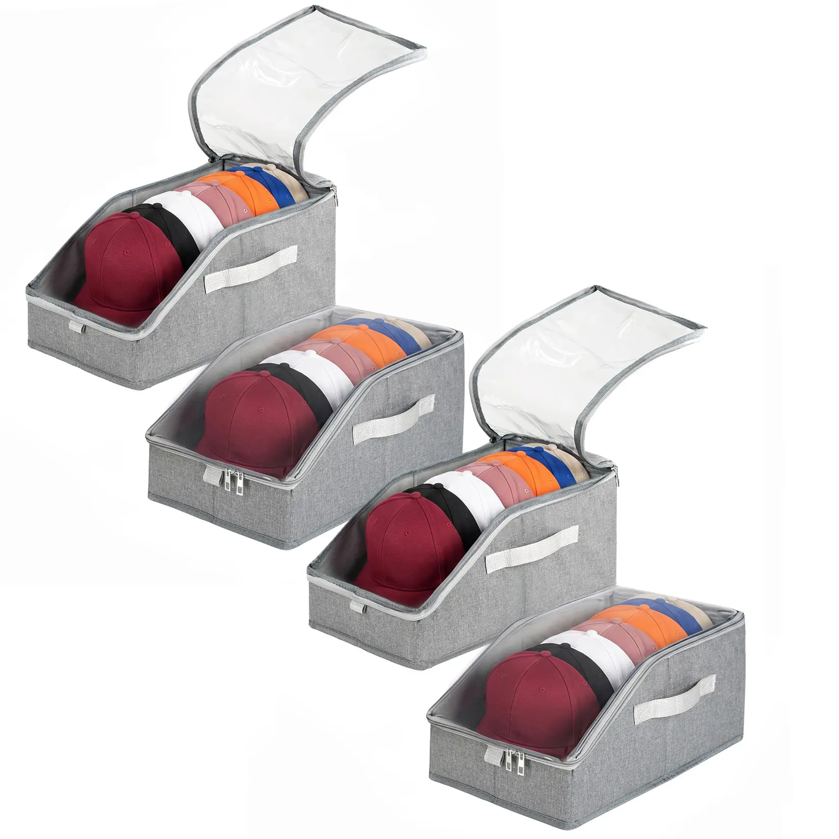 Gray Stackable Hat Organizer Rack 4-Pack - Dustproof Cap Storage Box with Metal Shelves, 37.6x23.6x17.5cm Home Organizer, Holds 12 Caps per Case, Space-Saving