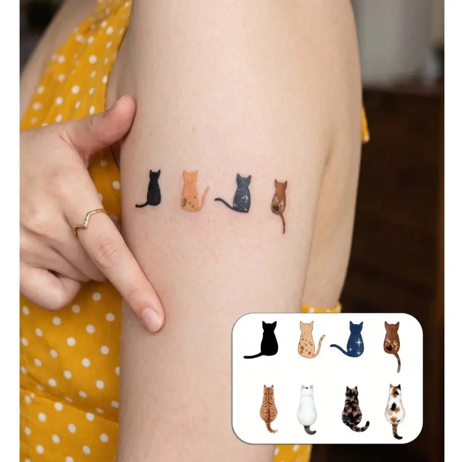 8 Cats Temporary Tattoo Set, Cute Meme Fake Tattoos, Tattoo Stickers, Waterproof Cat Tattoos, Realistic Look, Multicolor, Easy to Apply and Remove