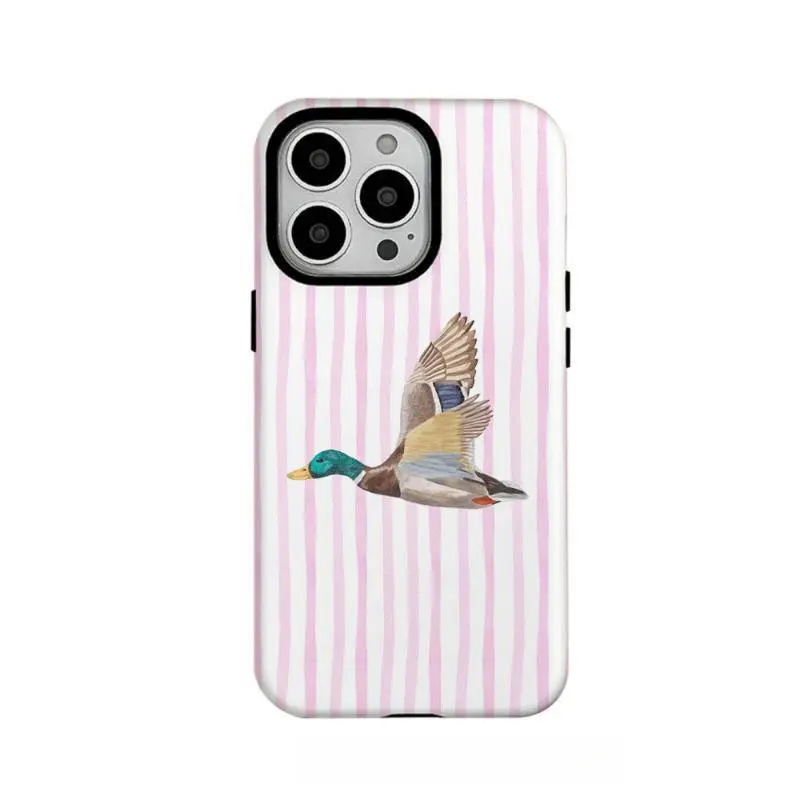 Cute Mallard Bird 2-in-1 Hard-Soft Dual Layer Shockproof TPU Plastic Phone Case, Chic Vintage Watercolor Pink White Striped Print Cover for iPhone 1-17 Air Pro Max, Durable Preppy Accessory Gift For Her