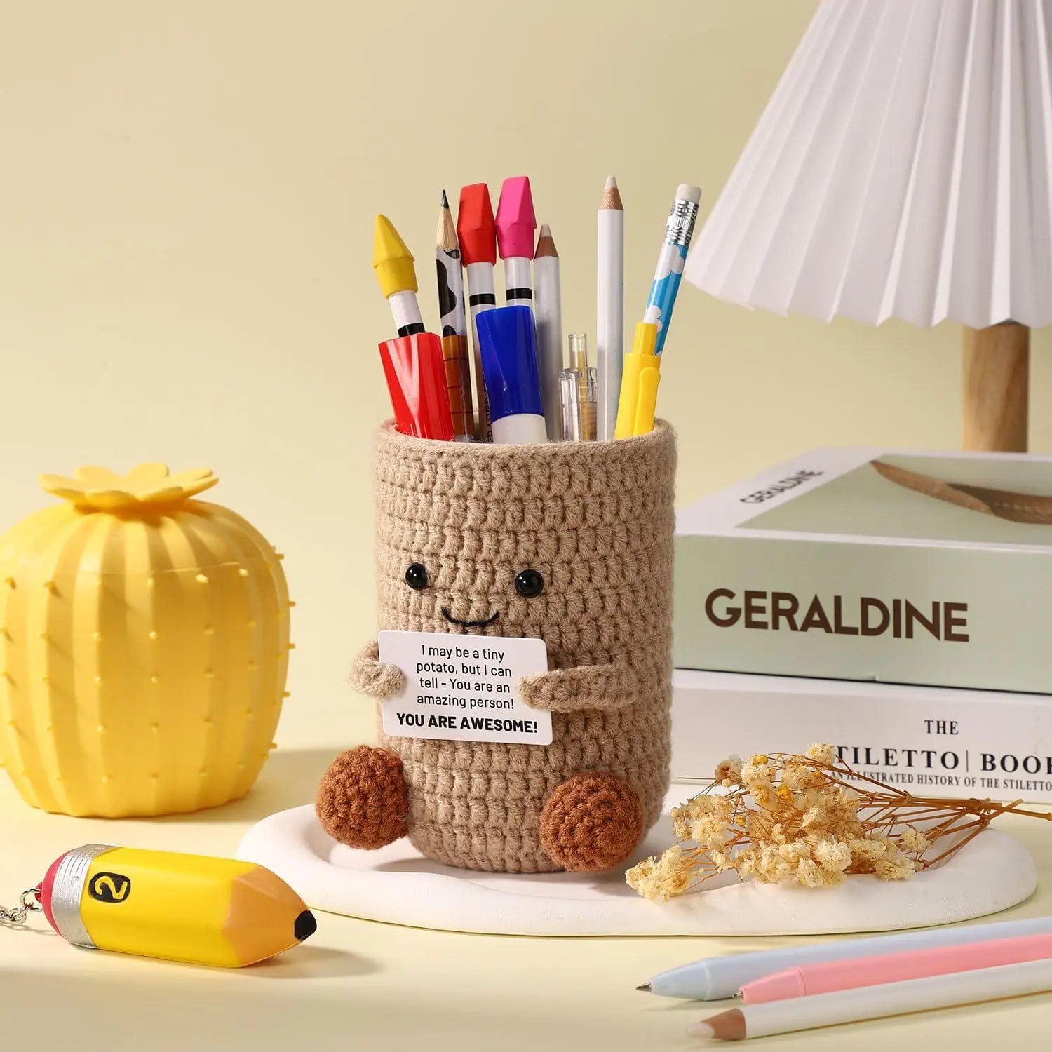Handmade Crochet Positive Energy Potato Pen Holder, Creative Yarn Storage Box, Perfect Gift for Back-To-School, Halloween, Christmas, Thanksgiving