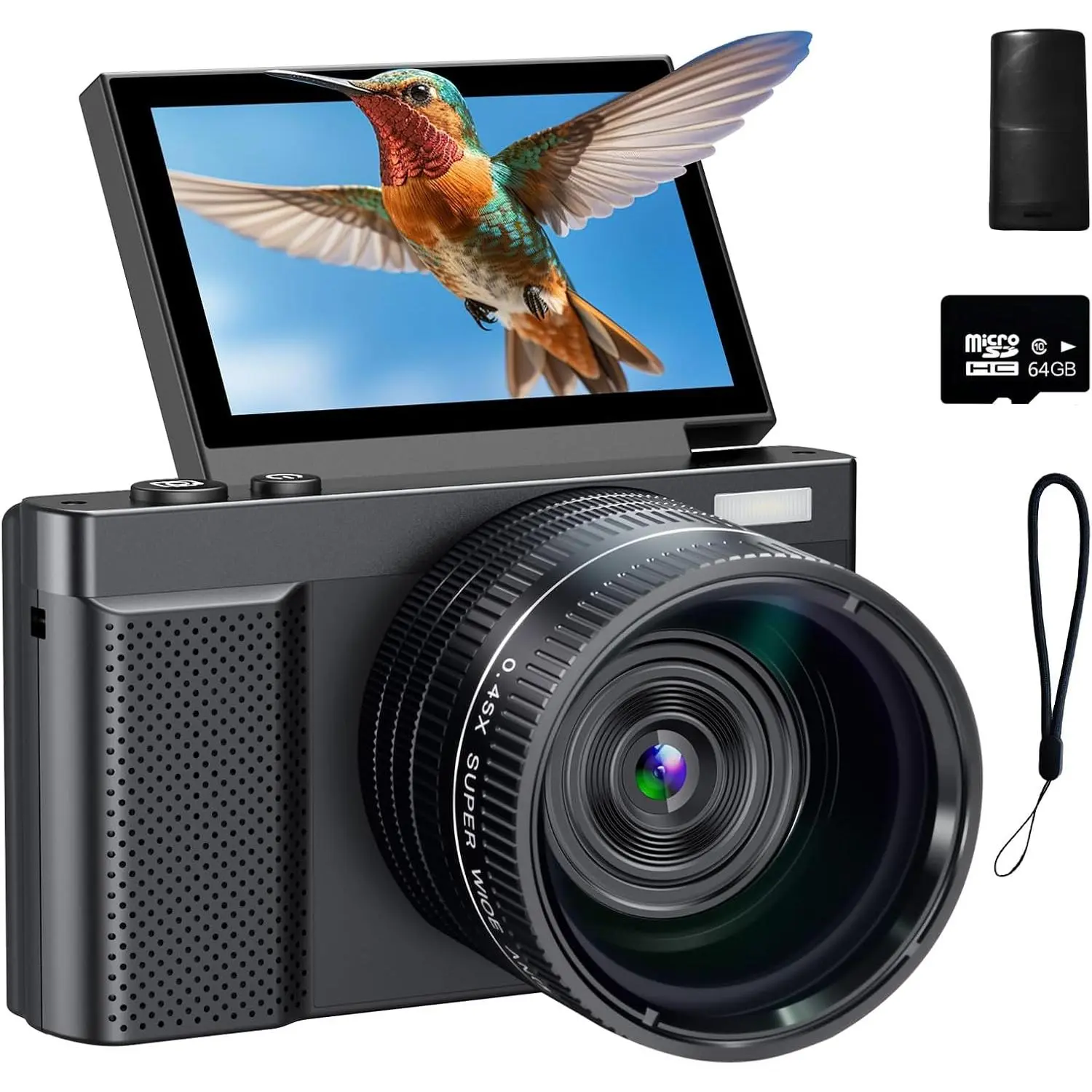 4K Digital Camera, 64MP Vlogging Camera for Photography with 3'' 180°Flip Screen,Macro and Wide-Angle Lenses,16X Vlogging Camera for YouTube with 64GB  SD Card for Beginner