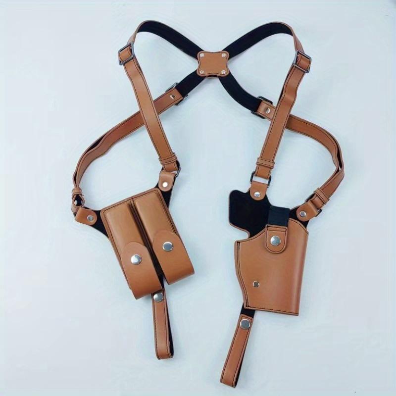 Adjustable shoulder holster with dual magazine clips, universal vertical concealed carry holster, fits 1911 and most pistols, premium leather (brown/black)