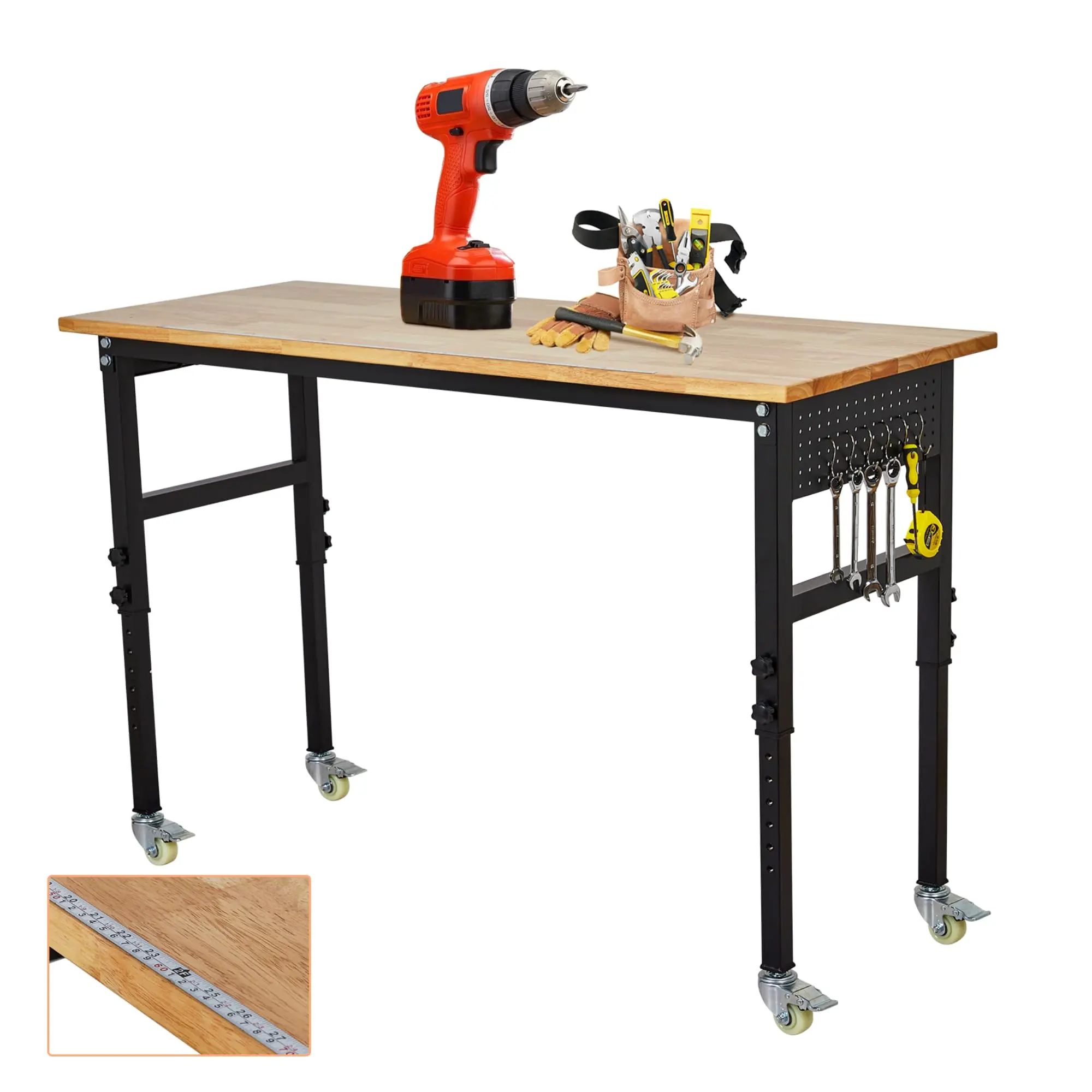GAOMON Heavy Duty Adjustable Height Workbench with Rubberwood Top, Power Outlets, Pegboard, Wheels, Hooks, 2200 lbs Load Capacity, 48-70 in Sizes, Power Tools Compatible, Ideal for Garage & Workshop Use