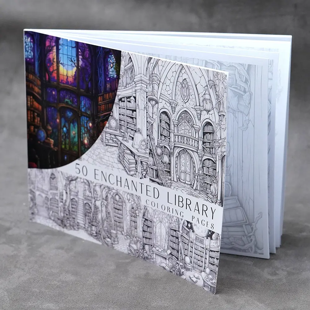 50 Sheets Retro Fantasy Indoor Design Coloring Book Set, A4 Size, Adult Stress Relief, Dreamy Treehouse & Library, Portable, Perfect Gift