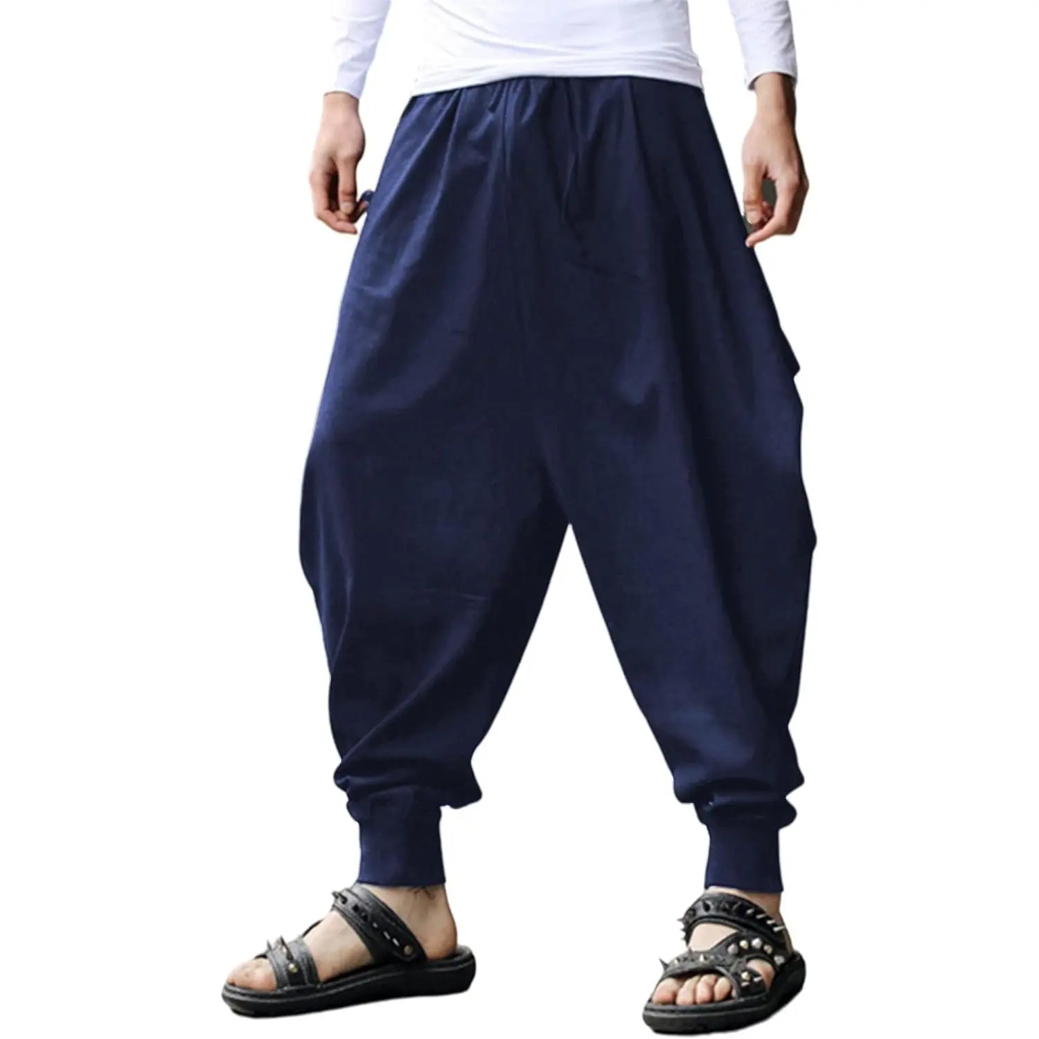 Mens Casual Harem Pants Baggy Aladdin Hippie Elastic Waist Drop Crotch Trousers