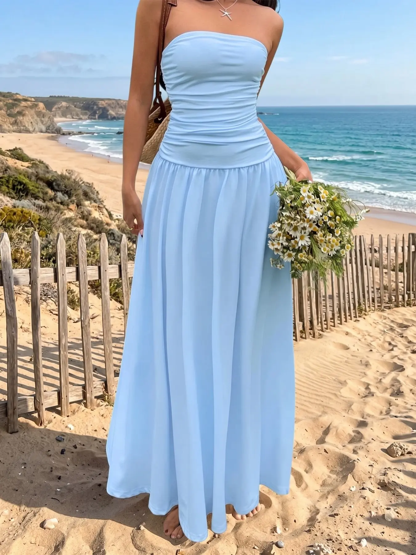 Women's Strapless Maxi Dress, Casual Chic Ruched Bust and Waist, Flowing Skirt, Solid Color, Slimming Effect, Perfect for Seaside Vacation