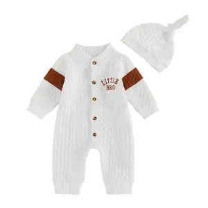 Infant Baby Boy Fall Outfits Textured Contrast Letter Embroidered Long Sleeve Button-up Romper and Hat Set 0-18 Months
