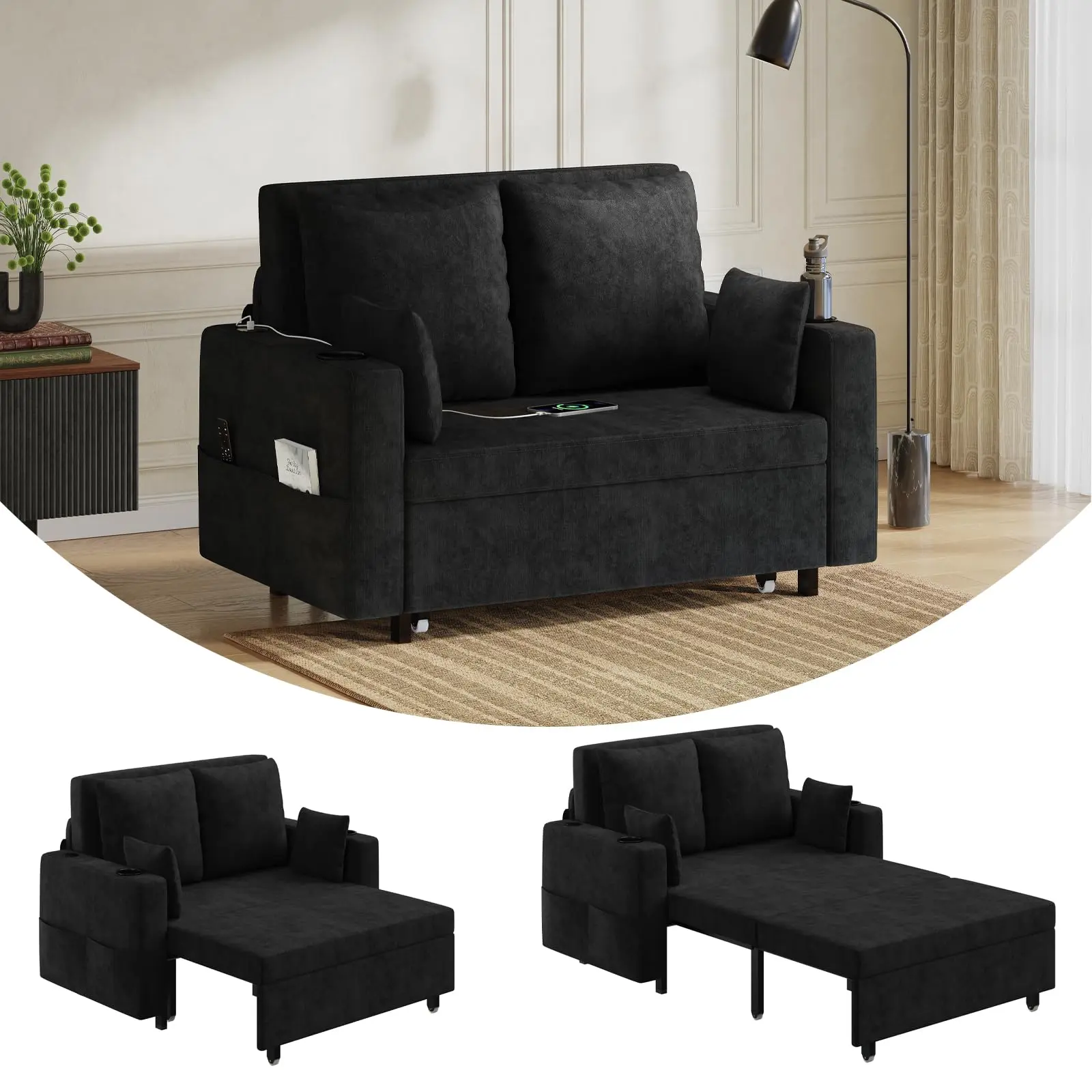 3-in-1 Convertible Sleeper Sofa Pull Out Sofa Bed Loveseat with USB Type C Ports Cup Holders Sleeper Bed for Living Room Apartment Studio Small Space Heavy Duty 1000lbs Modern Tufted Futon Couch with Side Pockets Toss Pillows
