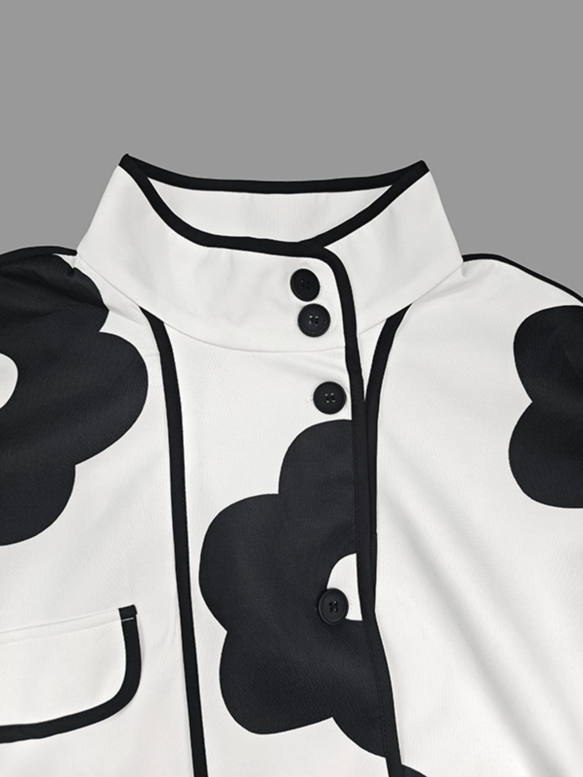 UOOZEE Women's Long Sleeves Loose Contrast Color Flower Print Split-Joint Stand Collar Jackets Outerwear Vintage Tops Blazer Suit