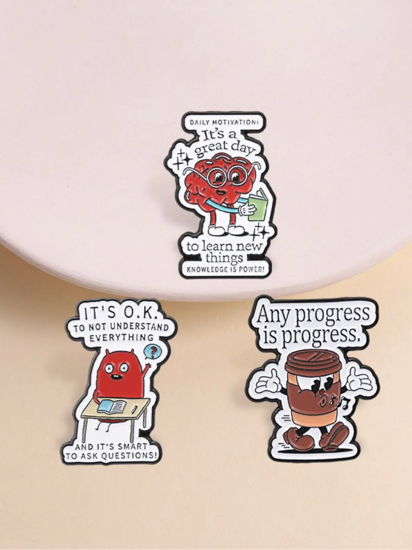 3pcs Motivational Cartoon Enamel Pin Set, Coffee Cup Brain Monster Quote, Lapel Badge for Students Teachers, Backpack Clothes Brooch Accessory, Decor Pins