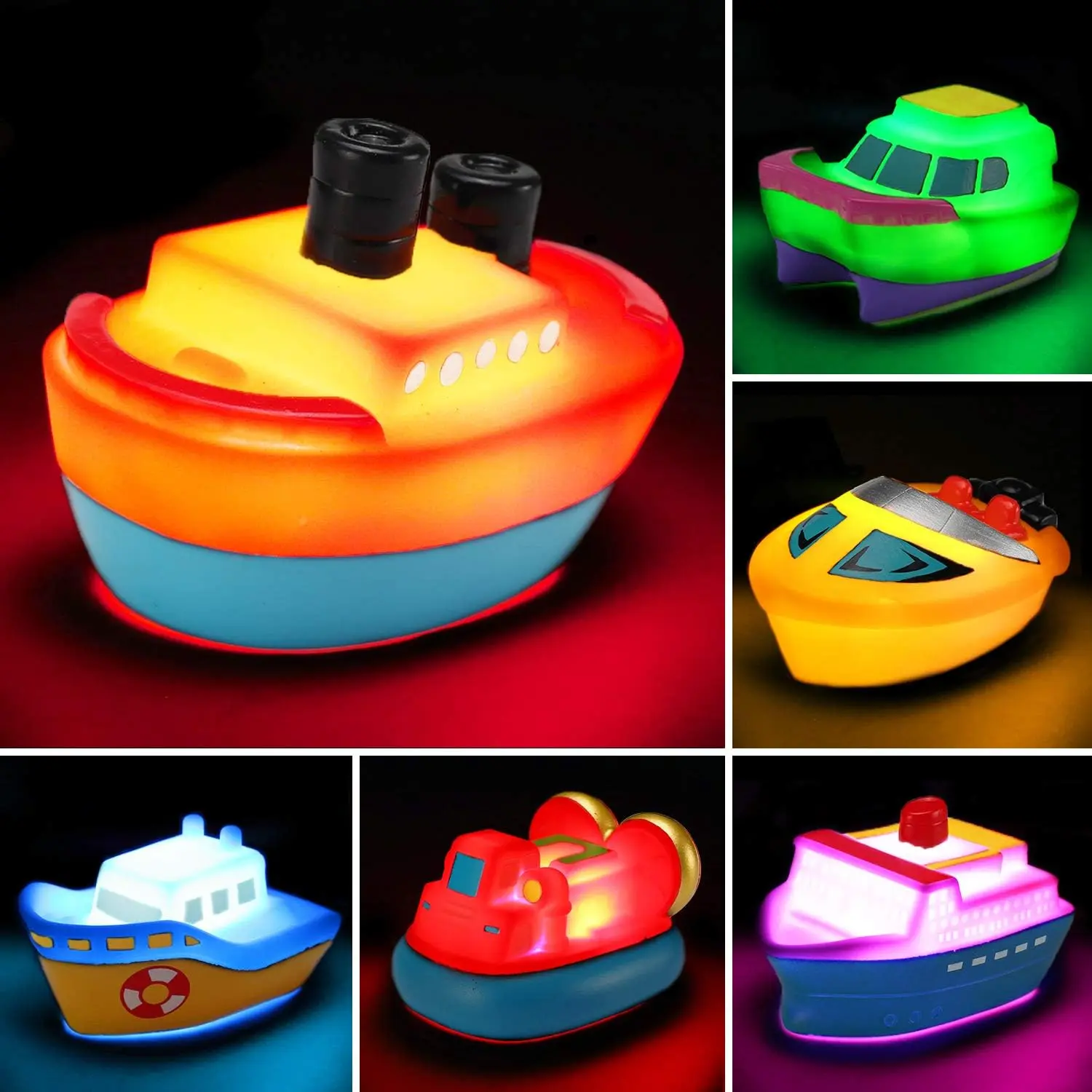 Unisex Baby Light-Up Floating Rubber Boat Toy Set (6 Packs), Prop 65 Safe, Color-Changing Flashing Lights in Water, Bathtub Gift for Toddlers, Bathroom Shower Game Accessory, Floating Toy