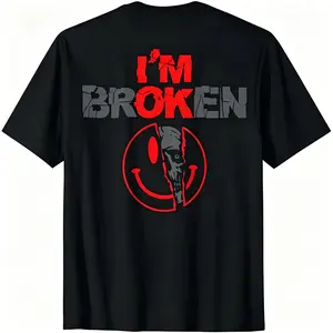 "I'm Ok, I'm Broken" Split Skull Smiley Face Dark Gothic T-Shirt for Men & Women - Vintage Emo Grunge Graphic, Soft Breathable Cotton Crew Neck Short Sleeve, All-Season Summer Spring Casual, Great Dark Vibe Streetwear & Gift, Machine Washable