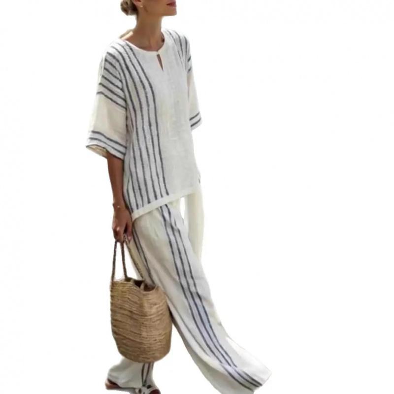 Boho Striped  Two Piece Set - Perfect for Beach, Vacation & Brunch! Casual Loose Fit Half Sleeve Top Wide Leg Pants Set #   TwoPieceSet #   WideLegPants #   Striped #   SummerOutfit #   BohoFashion #   CasualWear #   Outfit of the Day #   WomensFashion