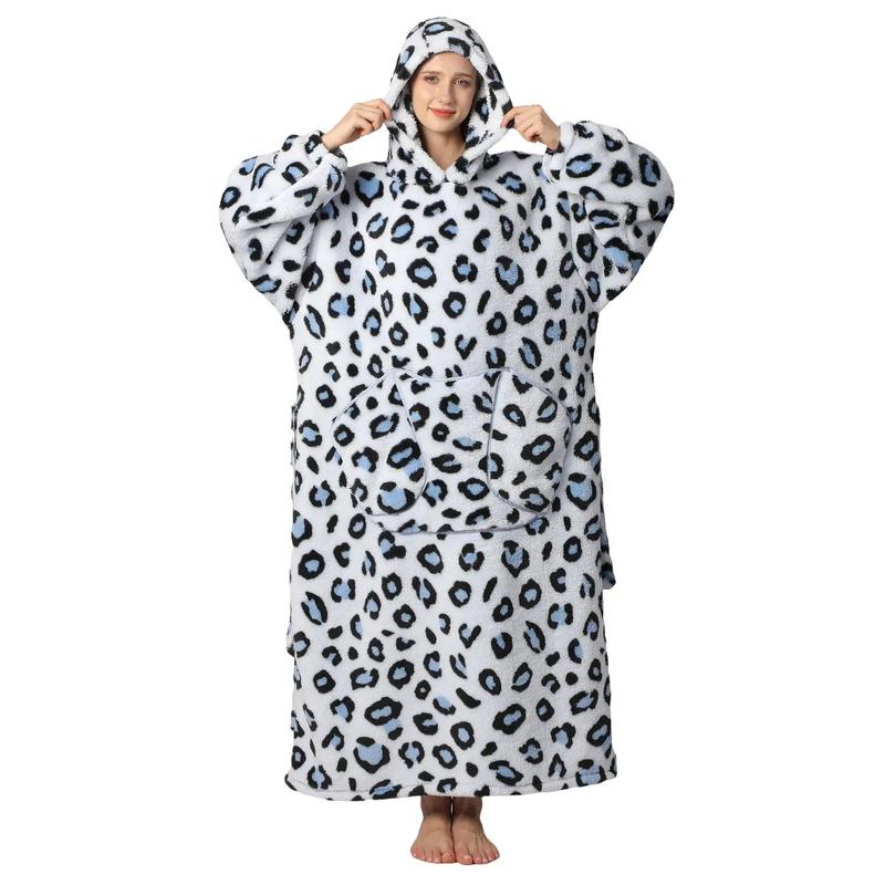 Plus Size Cute Print Hooded Blanket, 1 Count 320gsm Casual Soft Warm Oversized Hooded Wearable Blanket with Pocket, Soft Fluffy Blanket, Comfy Bedroom Gadgets, Soft Fleece Blanket, Machine Washable Blanket, Cozy Hooded Blanket, Leopard Pattern Blanket