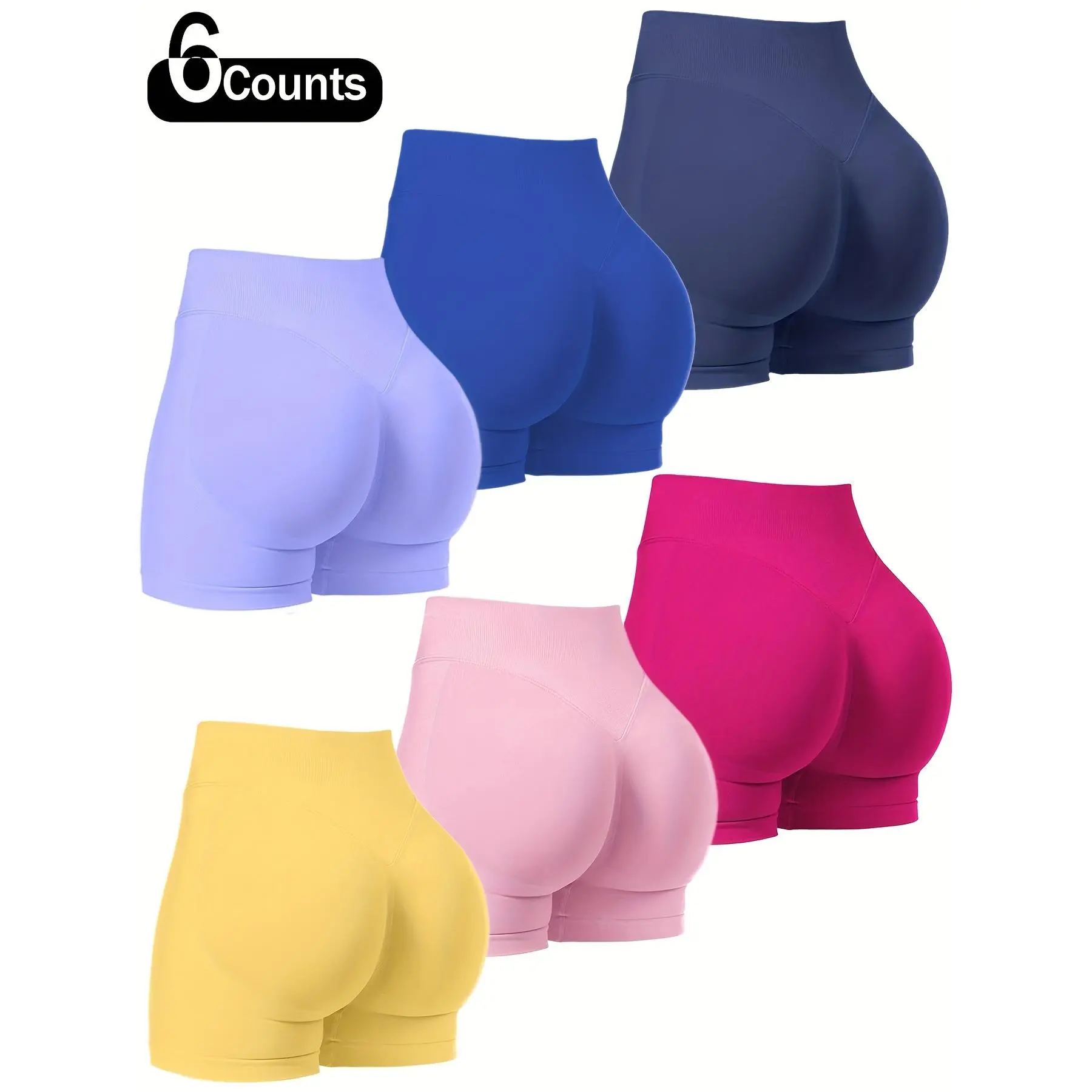 6pcs Women'S Seamless Cycling Shorts - Breathable Stretch Fabric, High-Elasticity, Solid Color (Blue, Pink, Yellow, Purple, Black) for Cycling, Fitness & Gym - All-Season Comfort, Workout Shorts, Gym Apparel, Sleek Sporty Design, Highelasticity Fabric, Sh