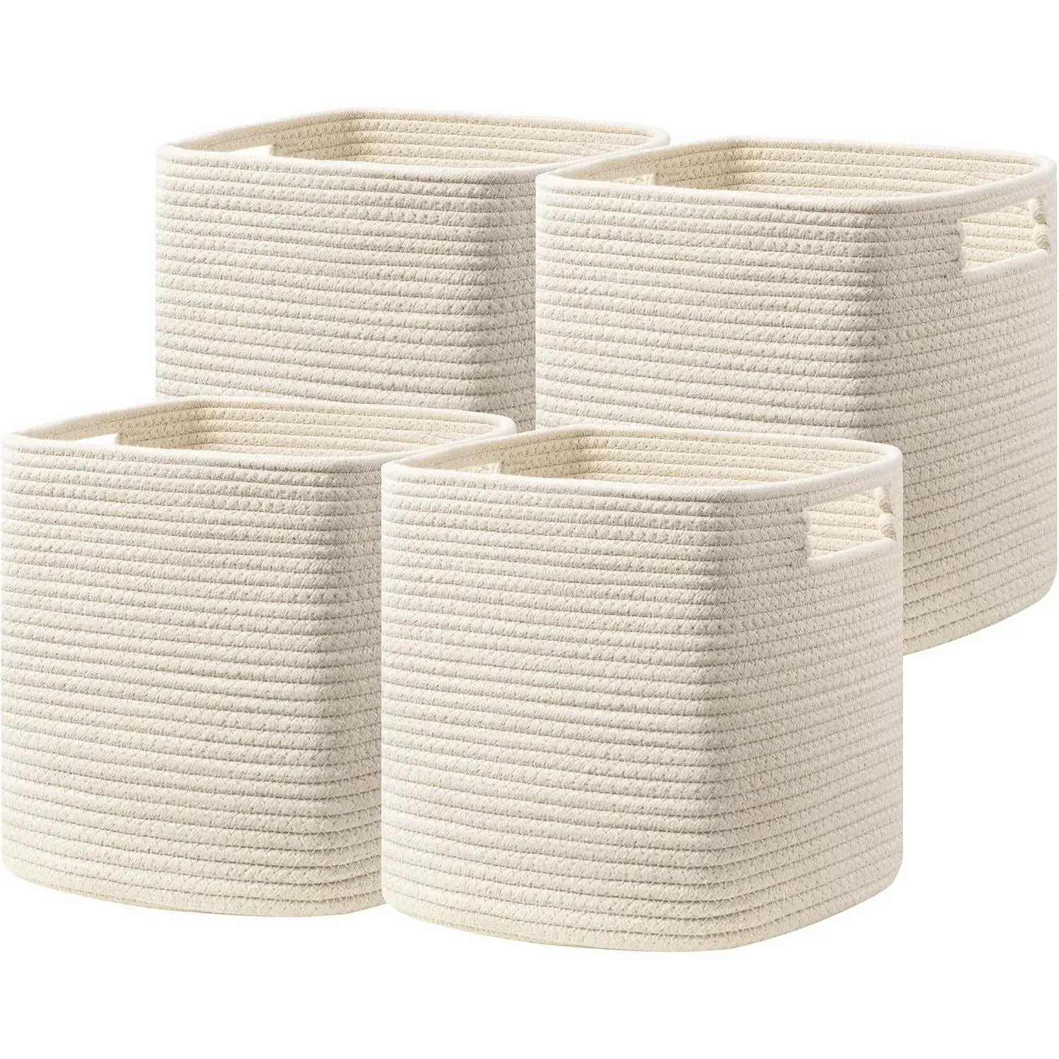 Set of 4 13 X 13 X 13 Inch Storage Cubes, Cotton Rope Woven Storage Basket with Handles for Organizing Shelves Toys Books, Beige Cube Storage Bin