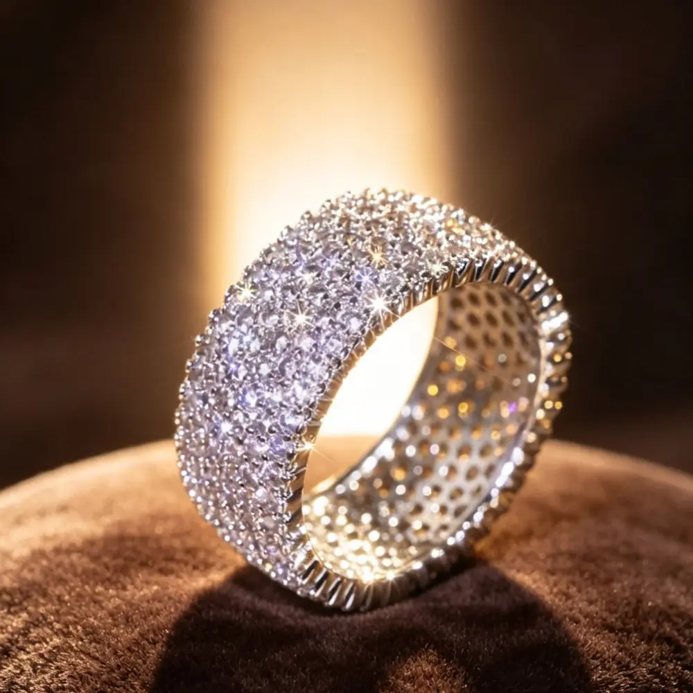 Pave Full Eternity Band Ring for Women Men, Sparkling Wide Statement Band, Cocktail Party Wedding Engagement Fashion Ring, Hip Hop Bling Stackable Finger Ring