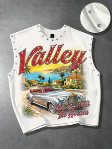 valley racing street style men's vest metal rivet decorative vest women's loose, USA car geometric print men's vest short version heavy car scenery valley print outdoor sports holiday casual sleeveless T-shirt unisex men's summer clothing