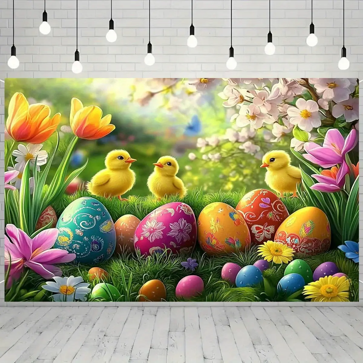 Easter Floral Backdrop, Spring Party Banner With Chicks, Tulips And Decorated Eggs Design, Polyester Photography Background For Birthday, Graduation, Prom, Indoor Outdoor Holiday Events