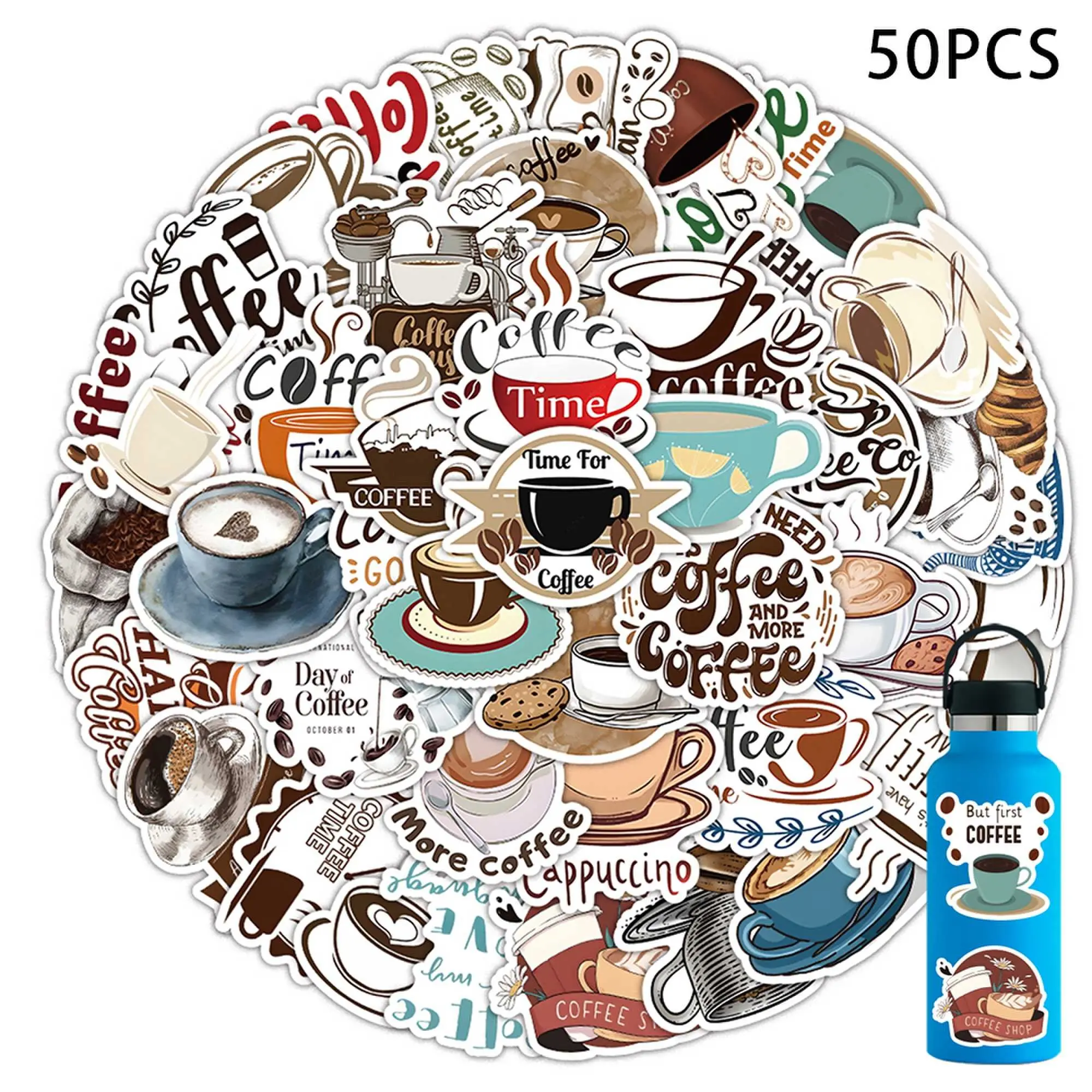 50PCS Coffee Stickers, Waterproof Vinyl Fun Coffee Quote Decals for Laptop, Luggage, Skateboard, Phone, Smartphone, Fridge, Trendy Stickers for Teens, Adults, Boys and Girls