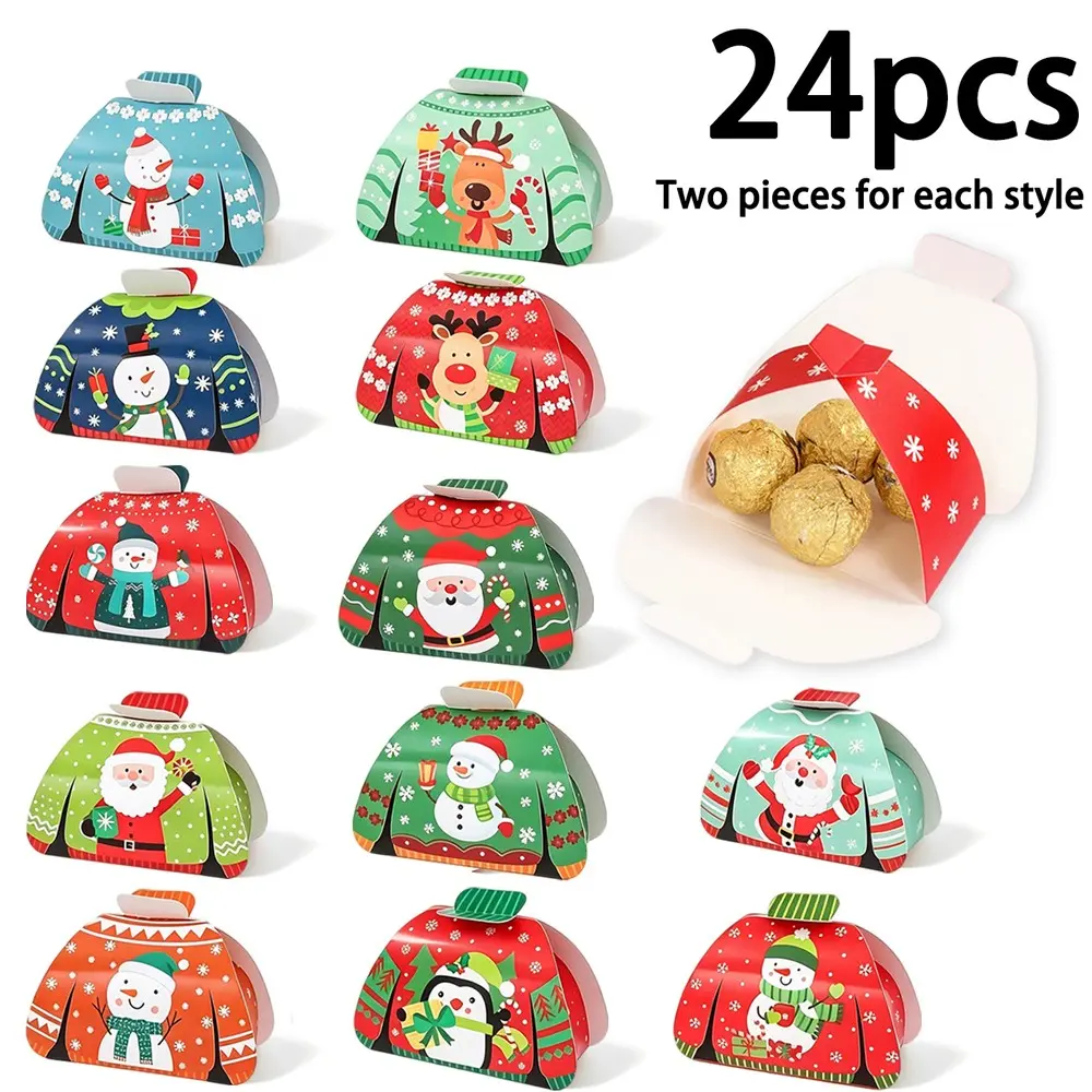24-Piece Holiday Gift Box Set, Christmas Sweater and Santa Reindeer Snowman Design, Perfect for Party Gifts, Winter Holidays Decor