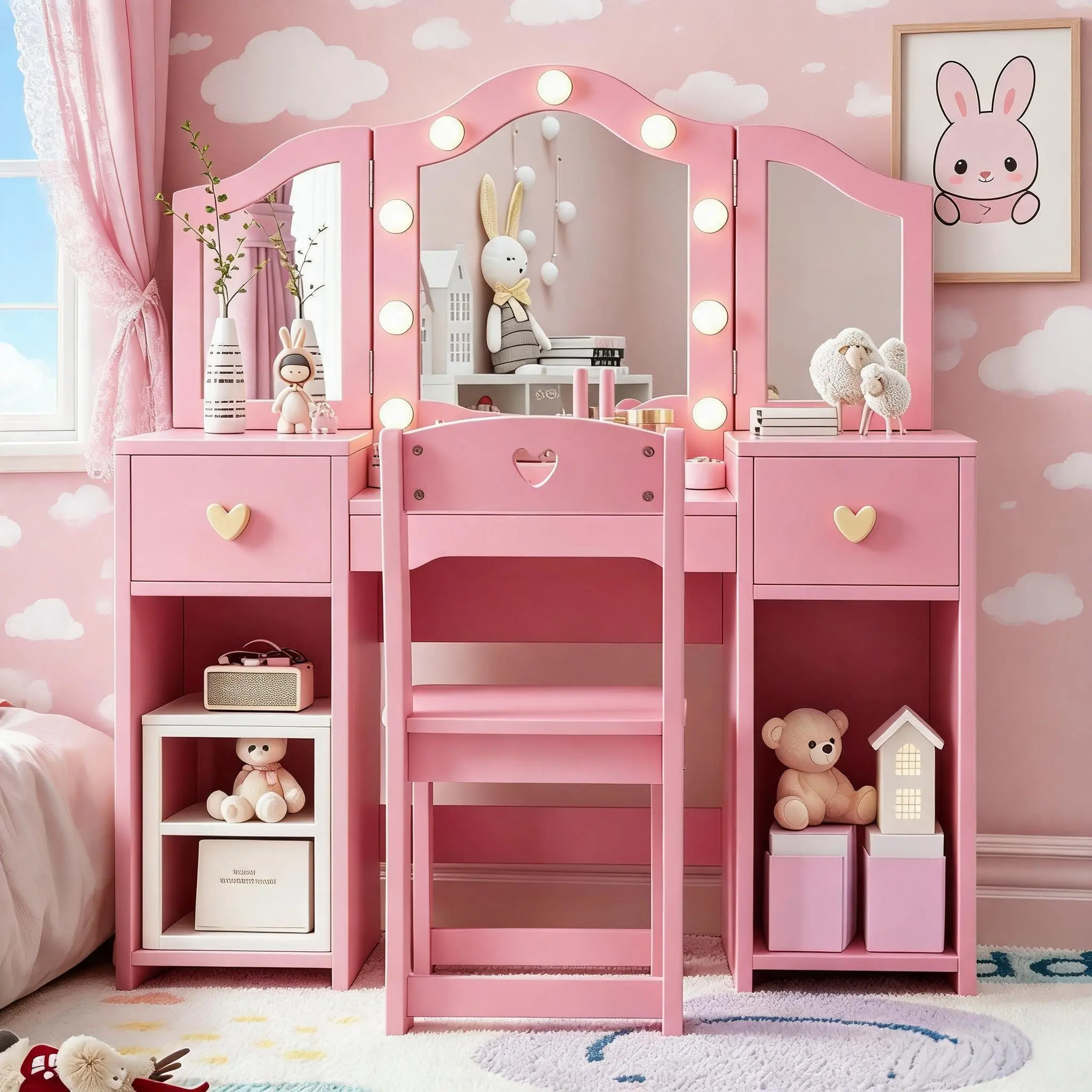 Garvee Princess Style Kids Vanity Table and Chair Set - Sturdy Makeup Desk for Girls - Perfect for Bedroom or Playroom - Durable Pink Children's Furniture
