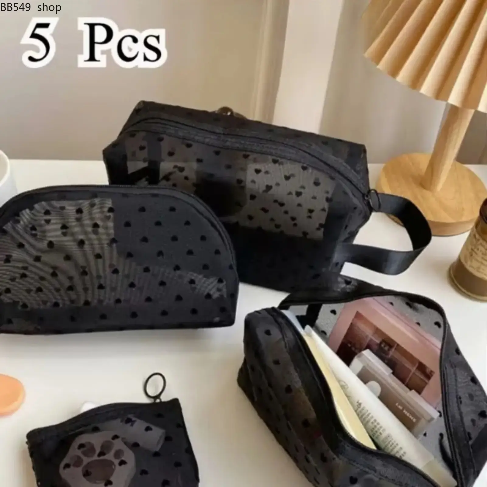 5 Pieces Set Mesh Cosmetic Purse, Heart Printed Mesh Cosmetic Bag with Zipper, Portable Toiletry Bags for Travel Home Makeup Organizer summerwins