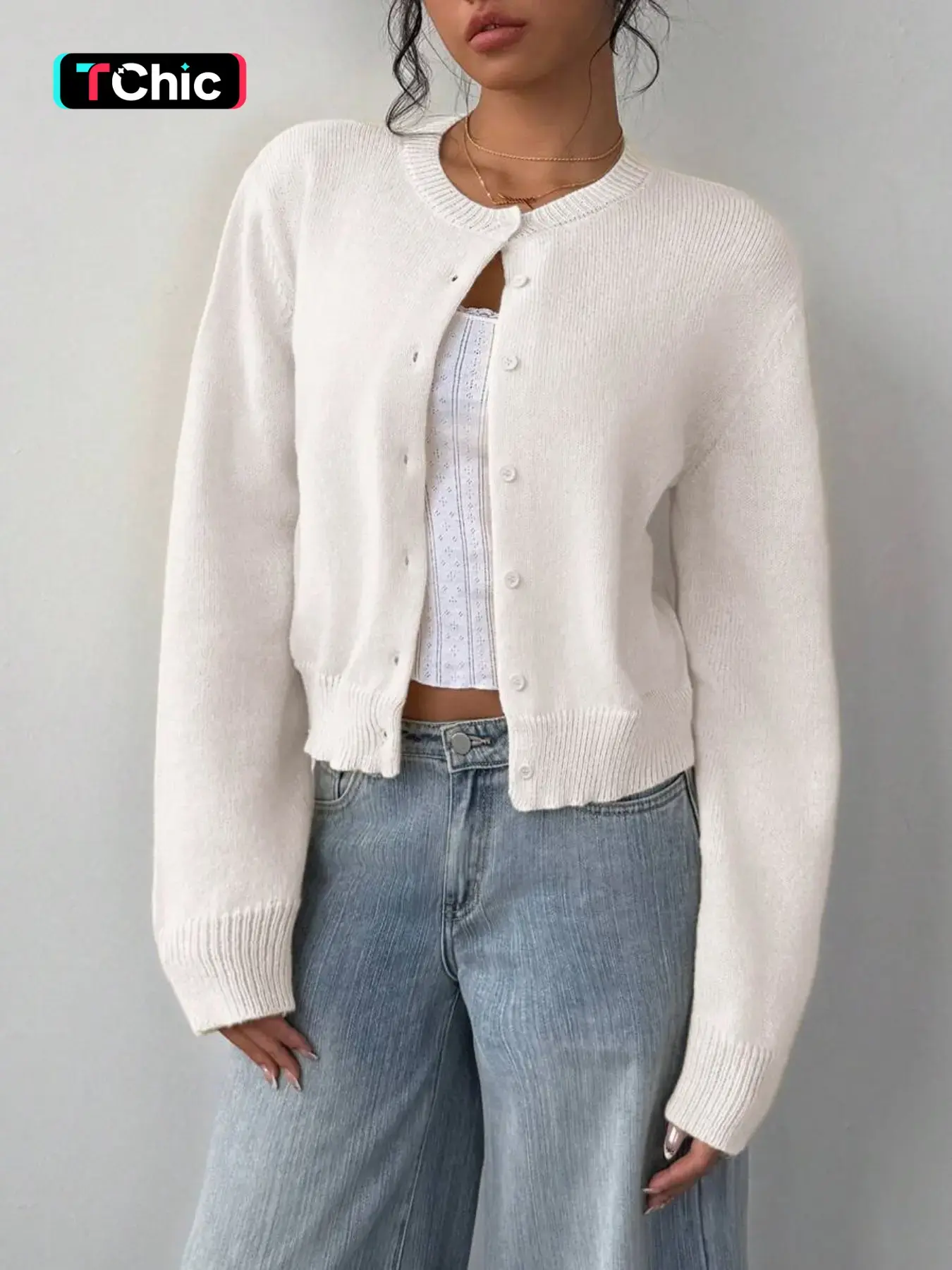Autumn Casual Plain Round Neck Long Sleeve Loose Short Women's Cardigan Sweater Coat, Button Front, Slim-Fitting, Spring & Fall