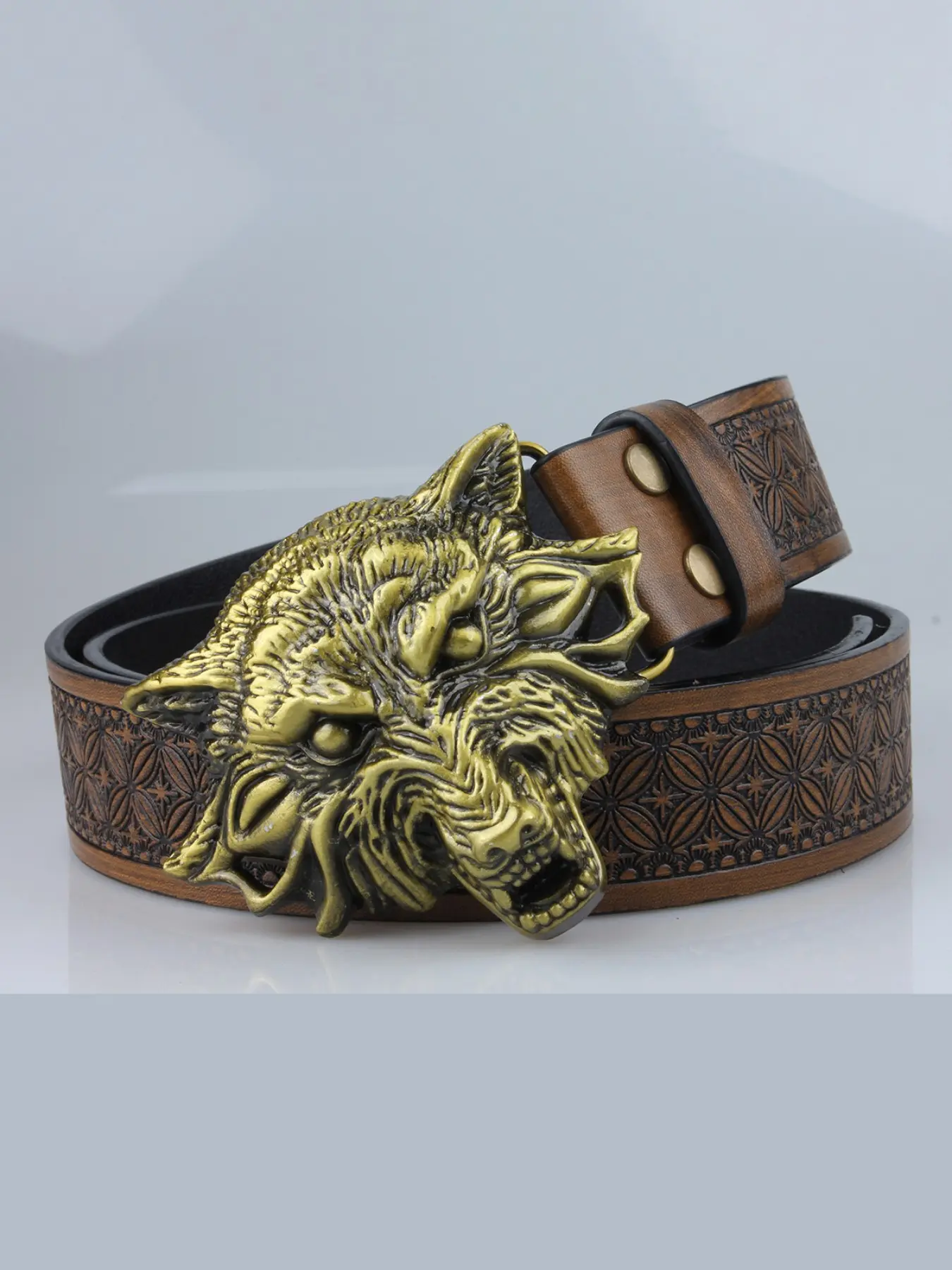Wolf Head Embossed PU Leather Western Style Belt for Men, Stylish Denim Waistband, Durable Fashion Accessory, Perfect for Everyday Wear