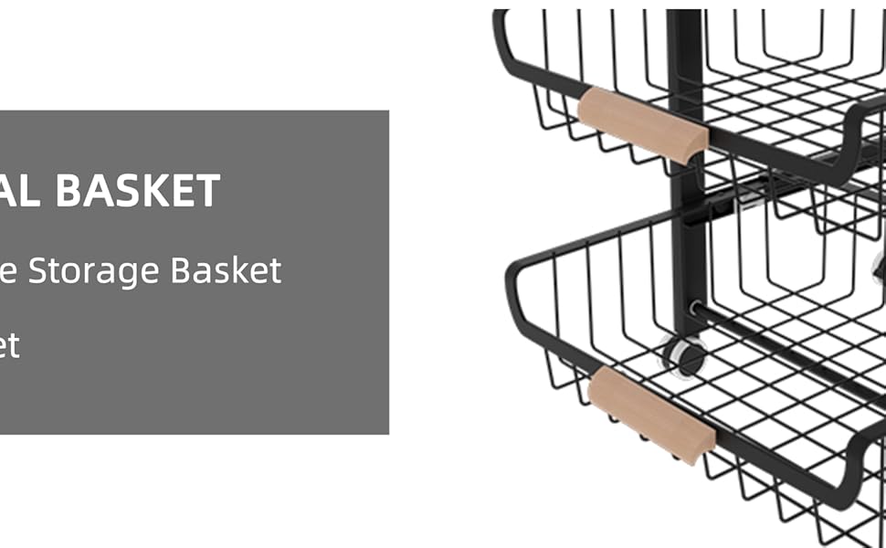 4-Layer Fruit Basket Kitchen Food Organizer and Rack, Stackable Storage Cart with Desktop, Pull-Out Hollow Metal Basket, Sliding Out Storage (Black 4-Layer Rack)