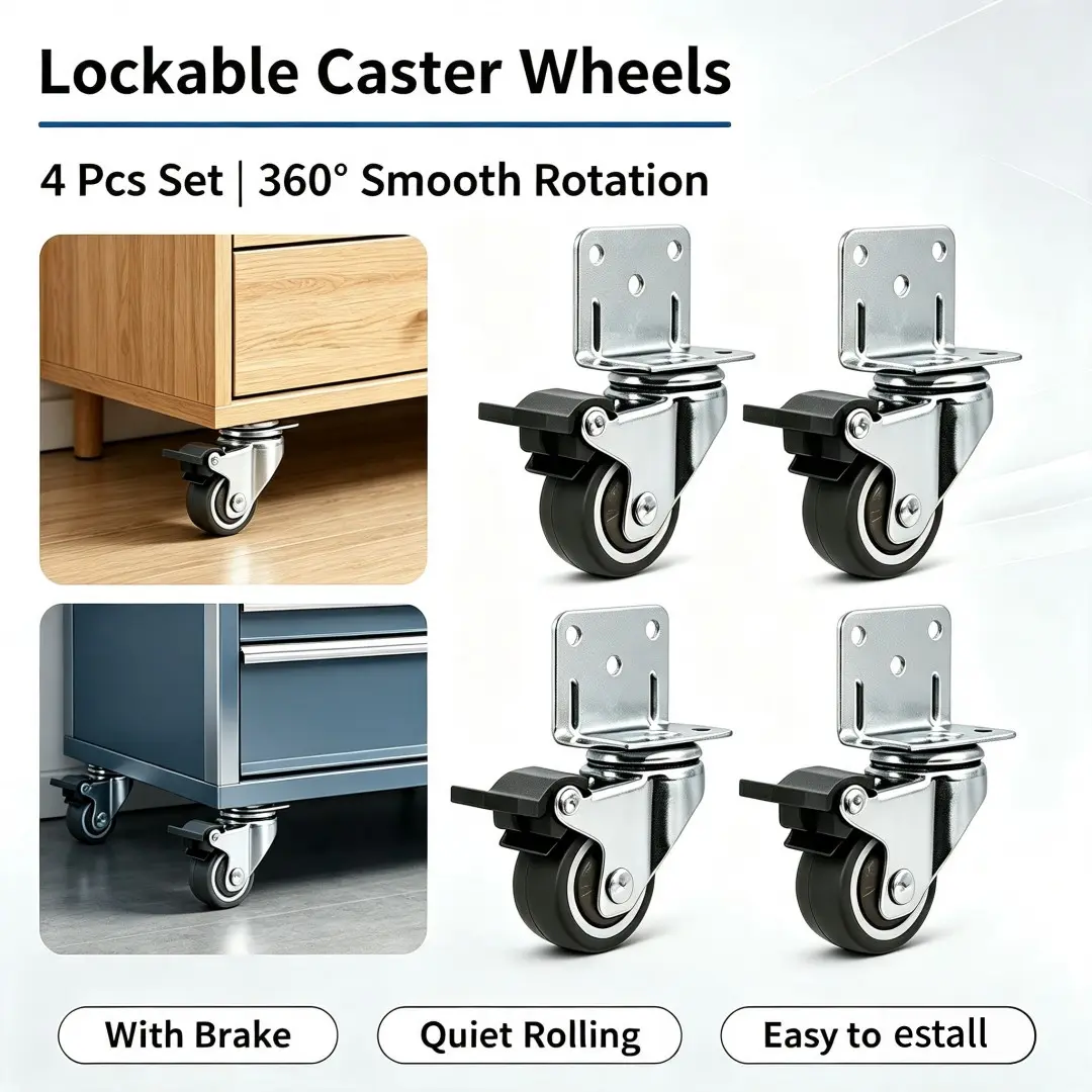 L-Type Swivel Casters Set of 4, Soft Rubber Silent Furniture Wheels, Wheels For Furniture, With/without Brakes, Single Wheel Load Capacity 20kg, Includes Installation Screws