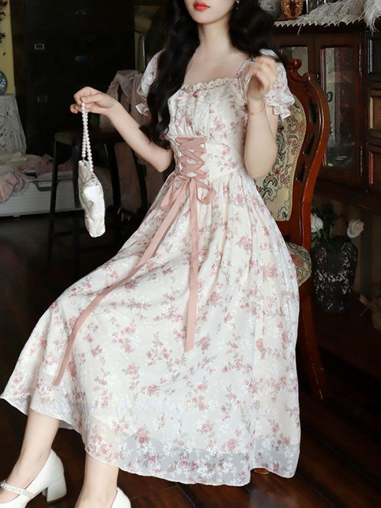 Summer Korean Fashion Lace Fairy Dress Women Square Collar Princess Kawaii Floral Print Dress Female Bandage Sweet Dress 2026