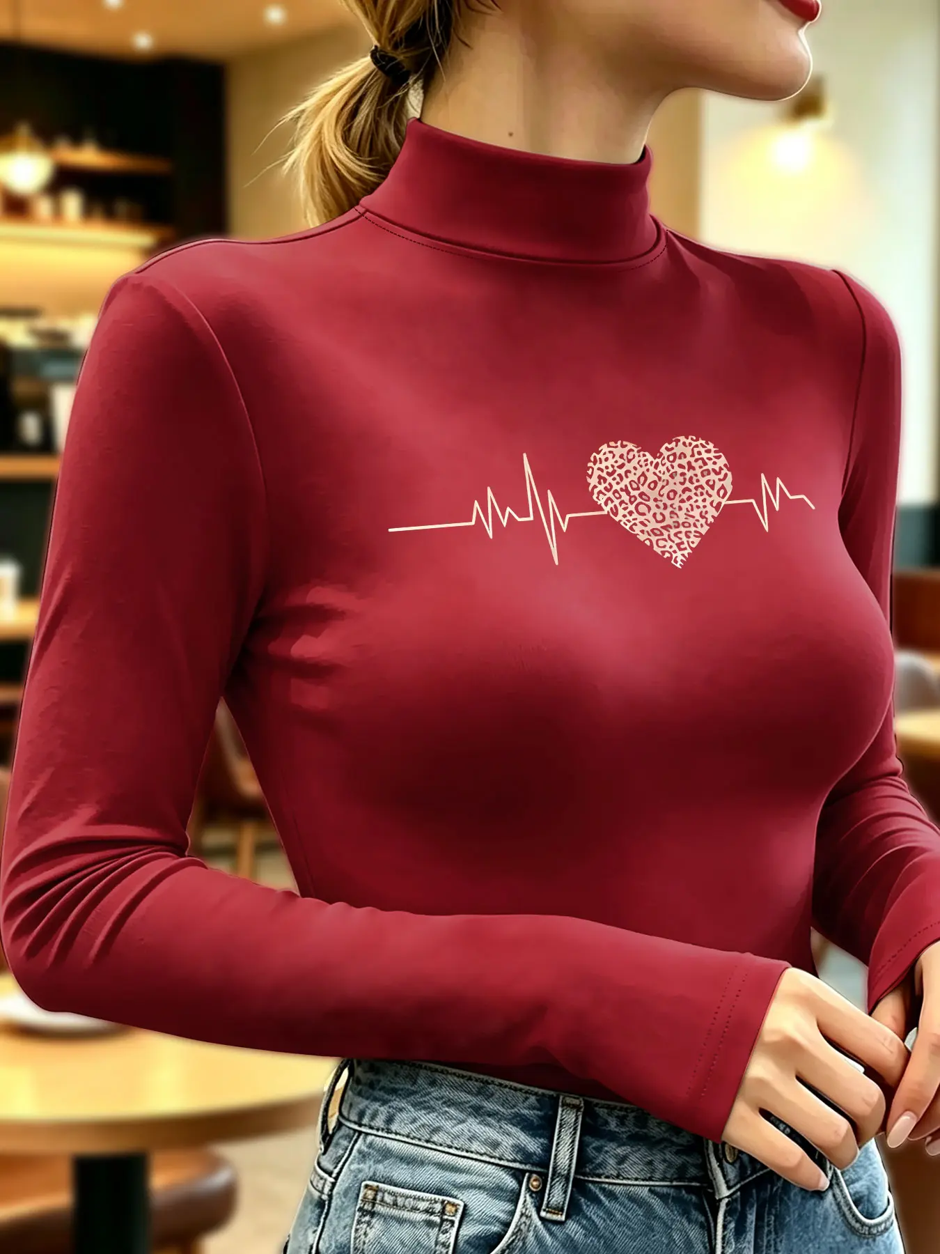 Leopard Heart ECG Print Women's Turtleneck Fleece Lined Undershirt, Multiple Colors, Machine Washable, Autumn Winter Top, Soft Skin‑Friendly Fabric, Daily Use, Fashion Design, Casual