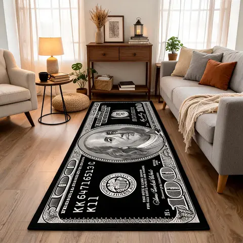 100 Dollar Bill Pattern Design Decorative Area Rug, 1 Count Non-Slip Home Decor Runner Rug, Washable Floor Rugs, Machine Washable, Soft Comfortable for Corridor, Kitchen, Living Room and Bedroom, Multiple Sizes Available