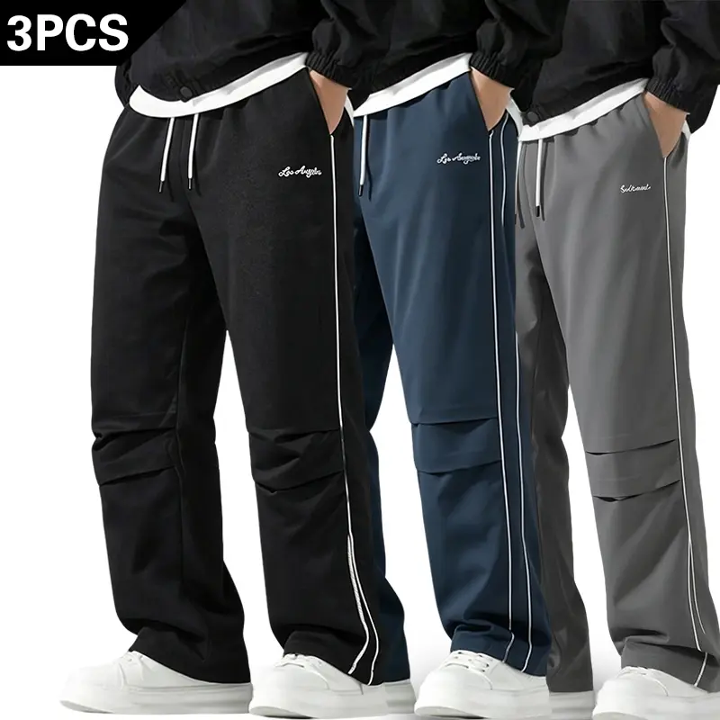 3 Pack Quick Dry Pleated Straight Leg Pants for Men, Contrast Dual White Side Stripes Loose Fit Trousers, Adjustable Drawcord Waist Wrinkle Resistant Soft Casual Bottoms for Travel Outdoor Sports