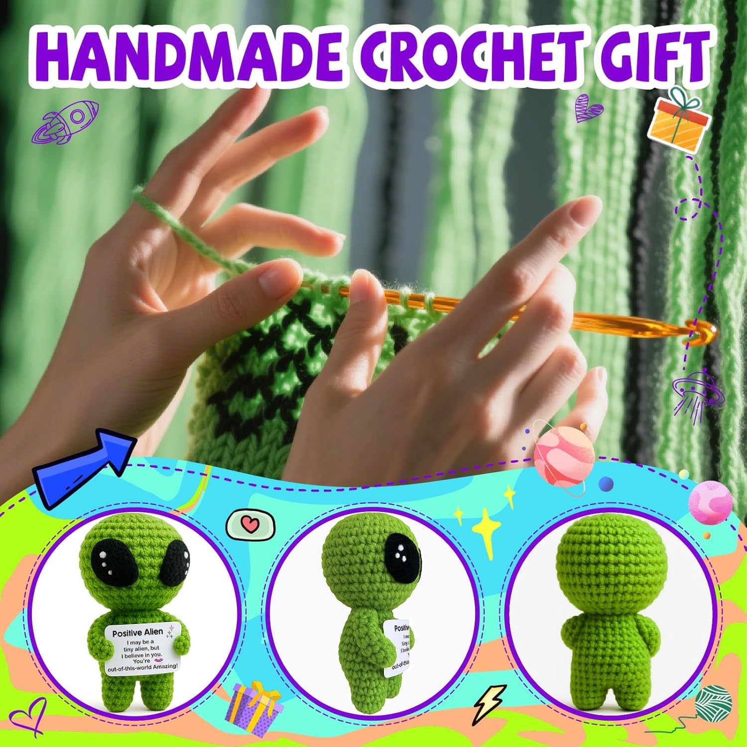 Positive Alien Crochet Plush with Inspirational "You're Out-of-This-World Amazing" Message Card, Handmade Emotional Support Desk Decor, Funny Motivational Gift for Teens Friends Coworkers, Ideal for Valentines, Easter Basket Stuffers, Birthday & Graduatio