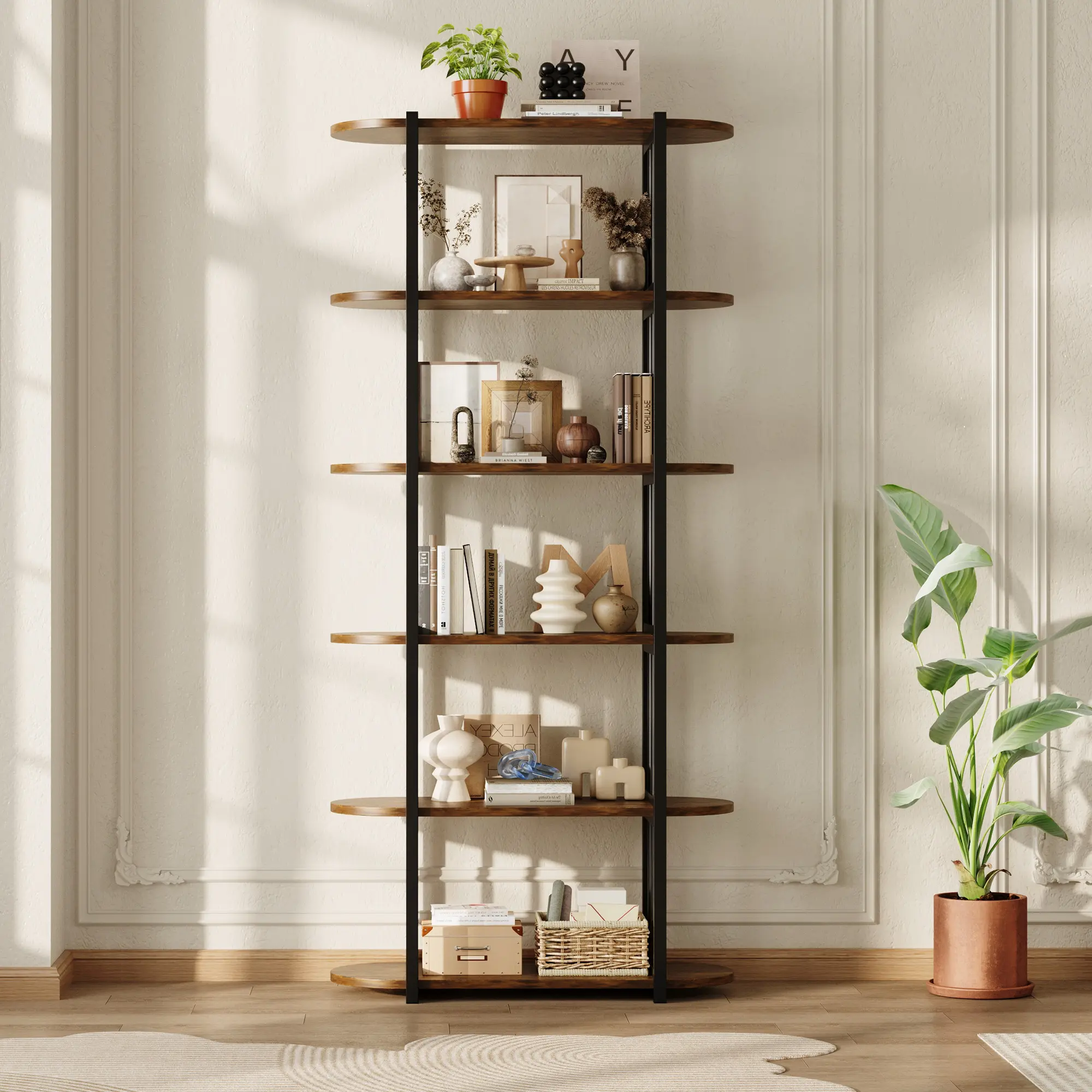 Garvee Modern 6-Tier Industrial Bookshelf – Tall Freestanding Metal Frame & Rustic Wood Bookcase – Open Display Storage for Office, Living Room, Bedroom – Narrow, Waterproof, Etch-Resistant – Black & Brown