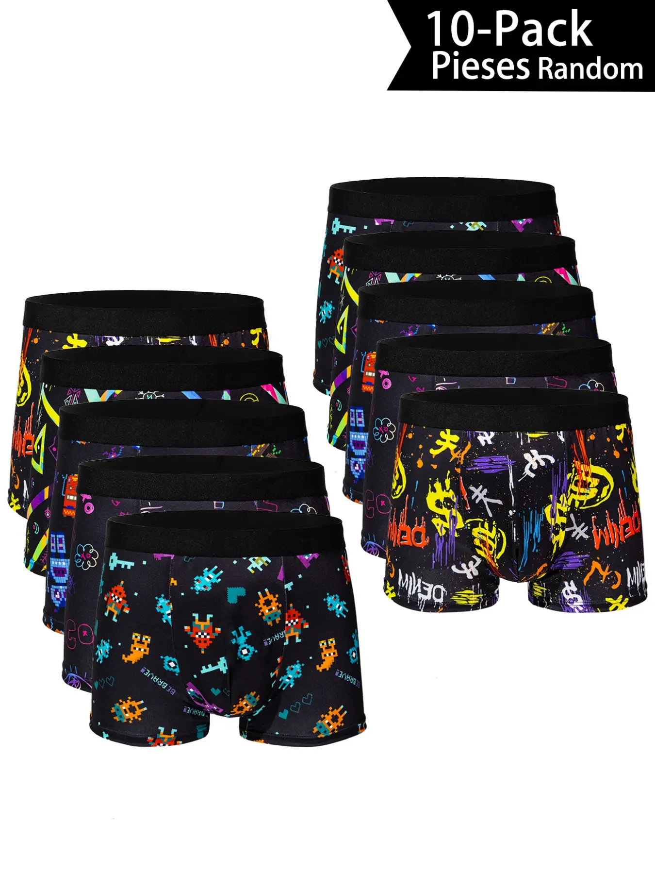 10 Pcs Random Cartoon Monster Graffiti Letter Print Men's Boxer Briefs, Trendy Multicolor Streetwear, High Elasticity, Comfortable Home Shorts
