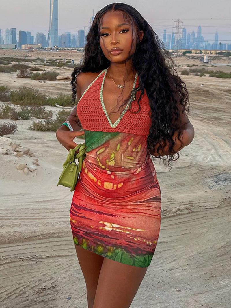 Women's Crochet Patchwork Backless Halter Neck Bodycon Dress, Casual Sleeveless Tie Back Hollow Out Dress for Summer, Fashion Women's Dress for Beach Holiday