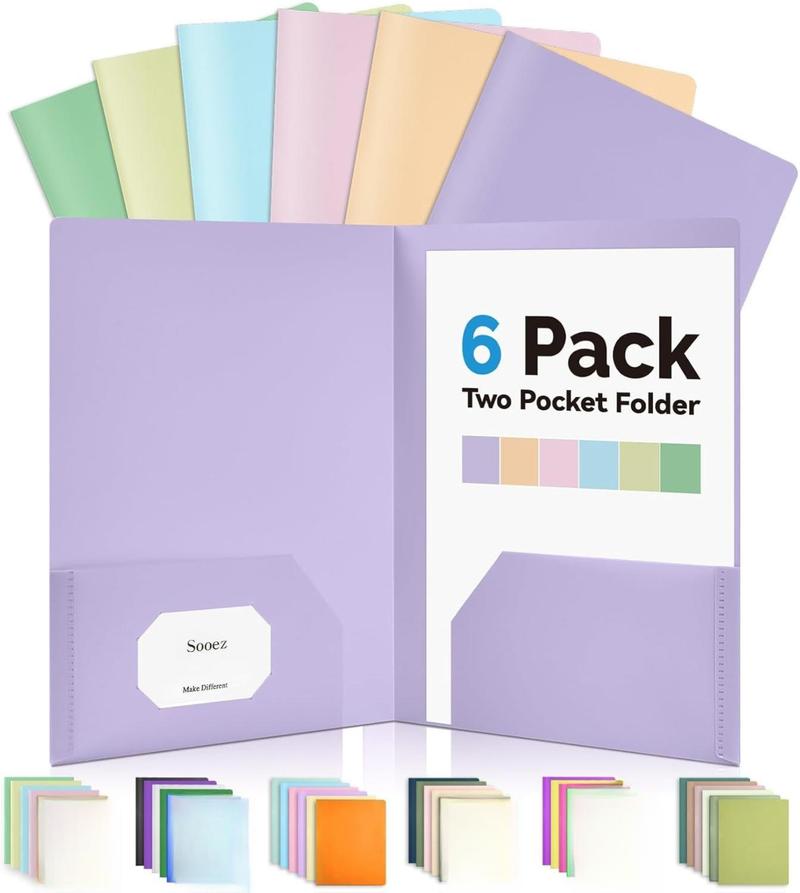 6Pack Folders with Pockets, Pastel Colors, Heavy Duty Pocket Folders, Plastic Folders with Pockets, 2 Pocket Folders Bulk, Aesthetic File Folders, Back to School Office Filing Supplies
