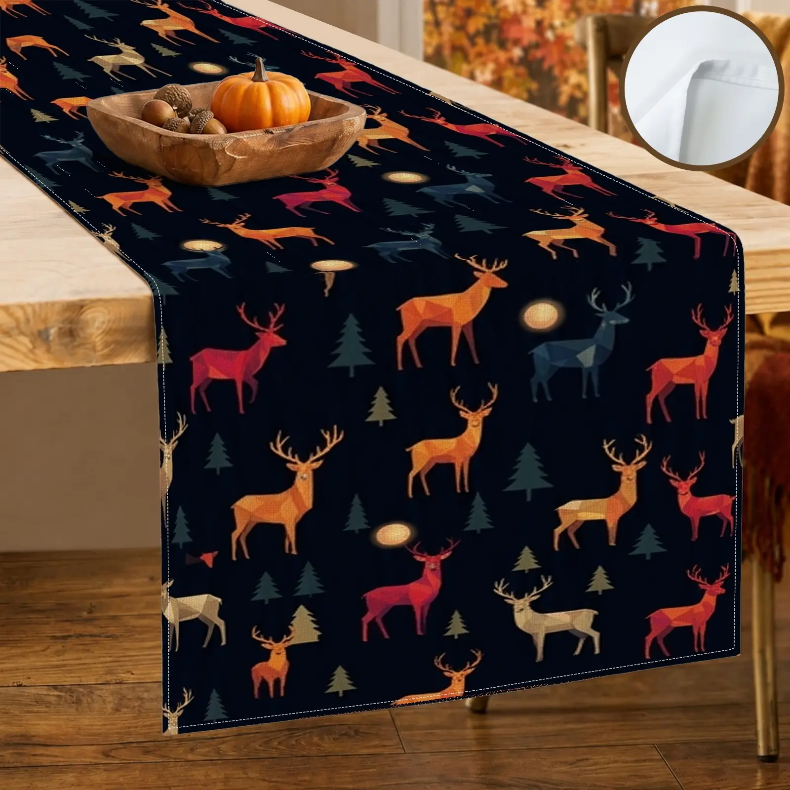 1pc Deer Pine Tree Moon Table Runner, Rustic Style, Colorful Animal Pattern, for Dining Table Living Room Decor Home Decor Fall Decor