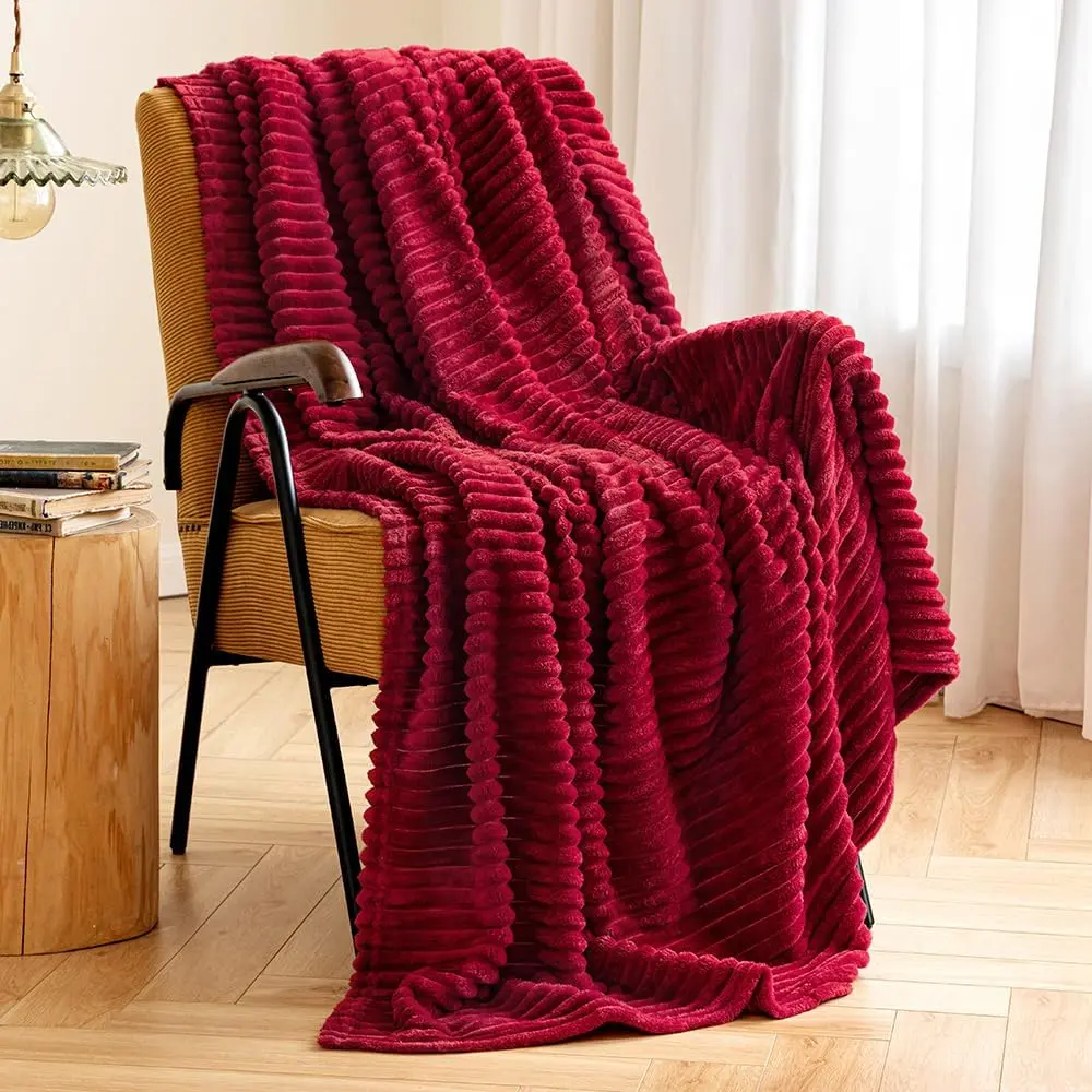 Ribbed Fleece Throw Blanket for Home Couch/Bed, 300GSM Soft Lightweight Plush Striped Burgundy Red Warm Breathable Blanket, 50"x60" Size