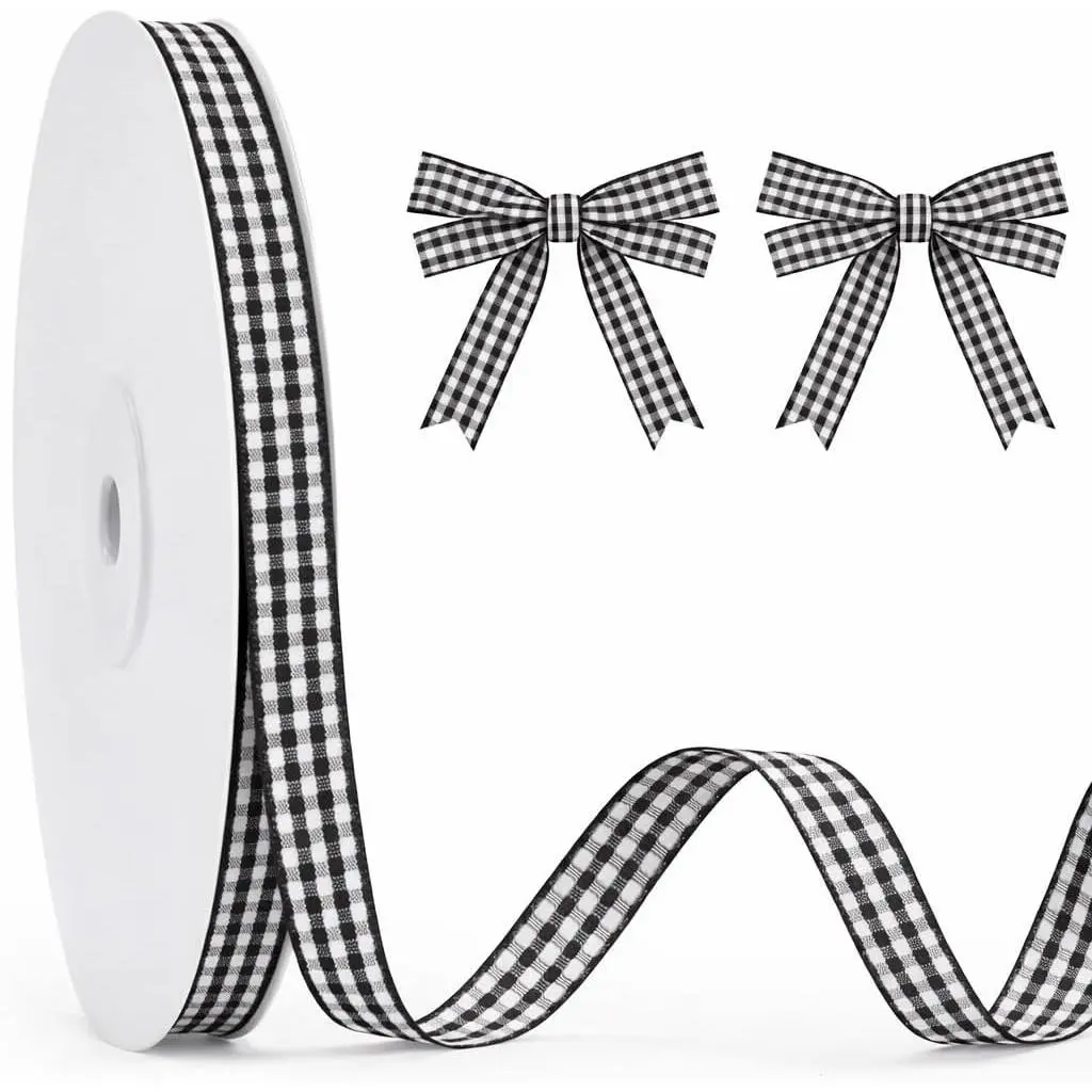 Black Gingham Ribbon - 3/8'' x 50 Yds Black  Ribbon |  Checkered Ribbon for  Wrapping Crafts Birthday  Shower Wedding Halloween Christmas Picnic Decor