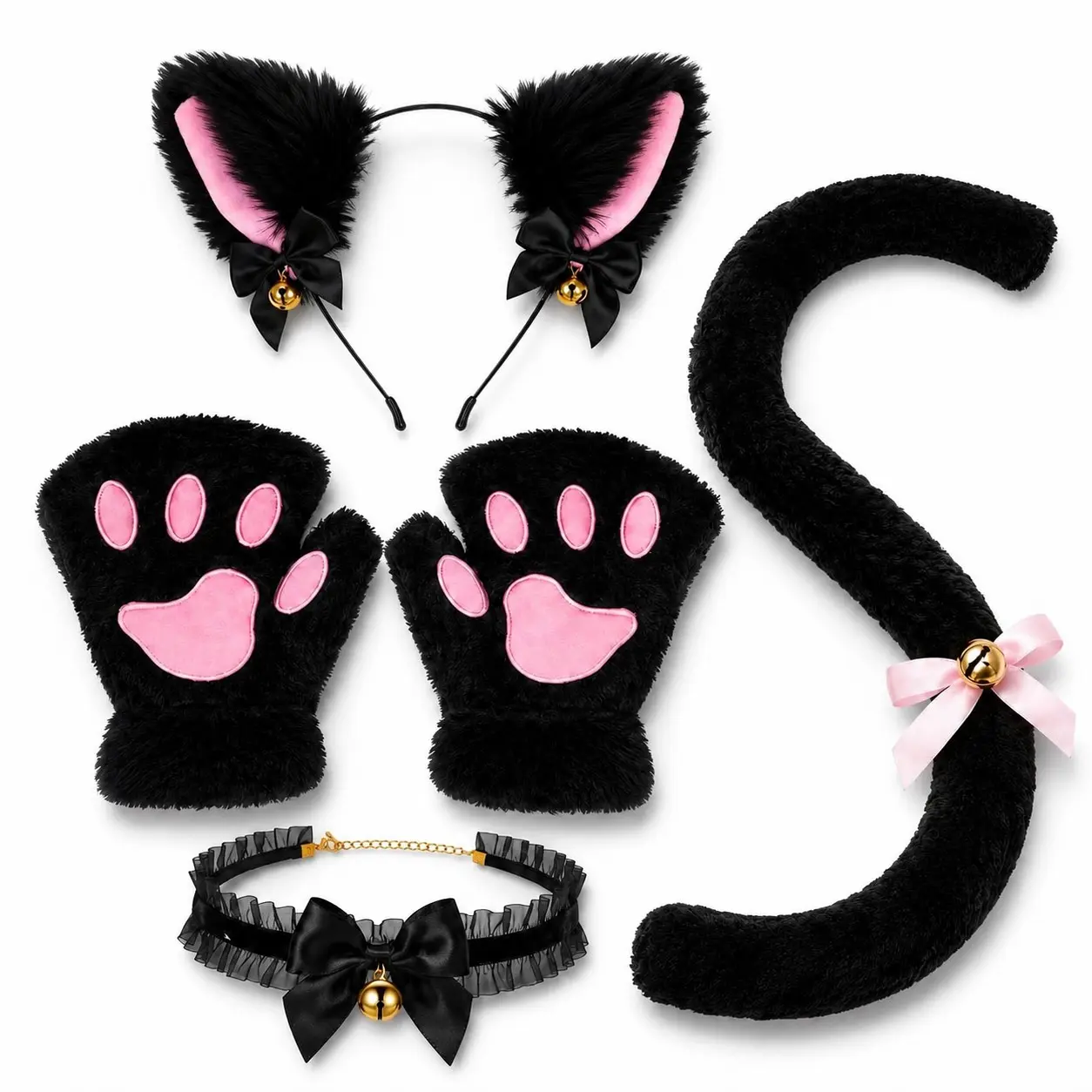 Halloween Cat Costume Accessory Set, Plush Ear Headband, Paw Gloves, Bell Choker & Tail, / Cosplay Party