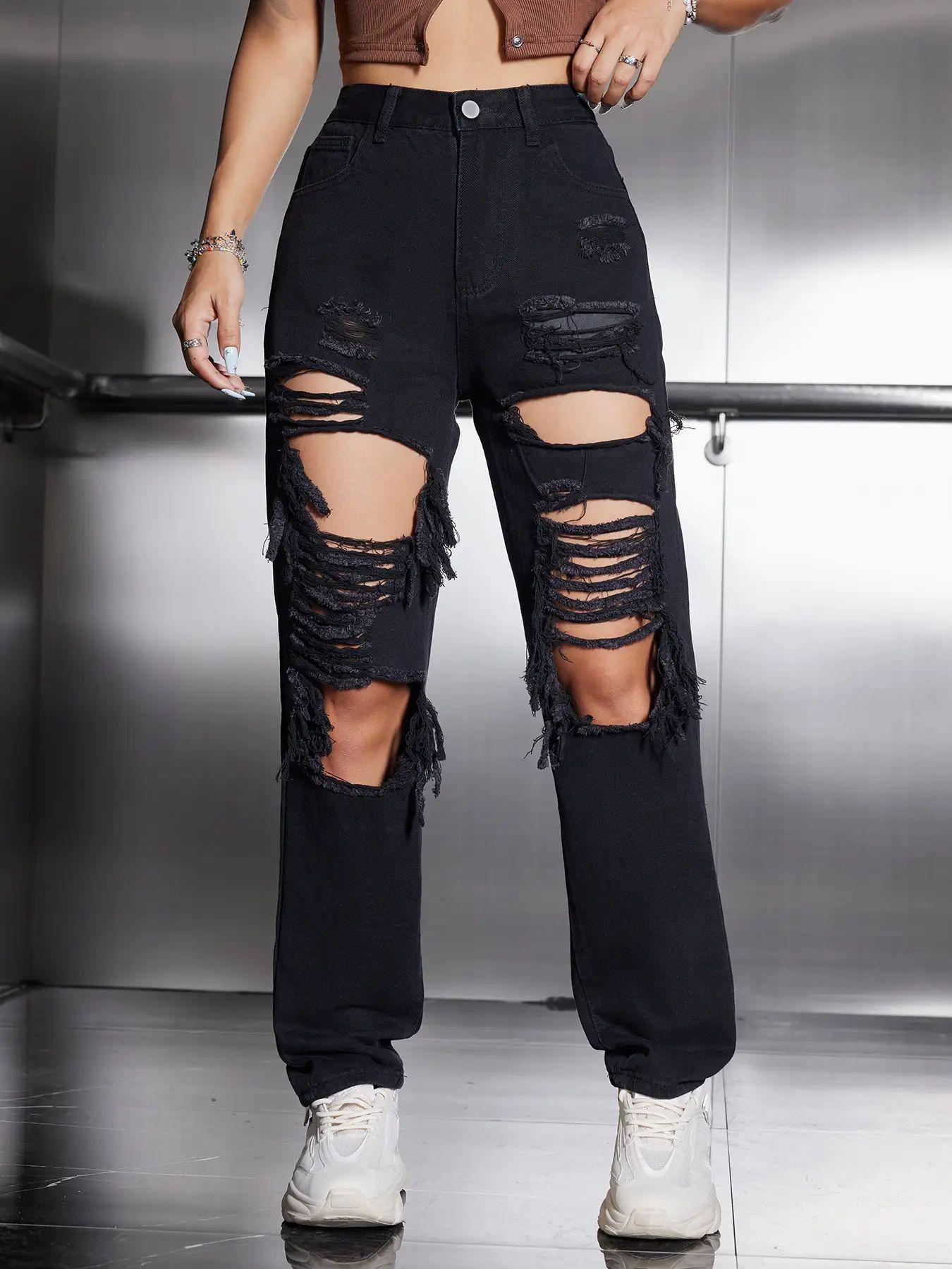 Women's High Waist Ripped Jeans, Fashion Casual Style Distressed Straight Leg Denim Pants, Destroyed Hole Jeans, Lady Bottoms for Daily Wear Streetwear