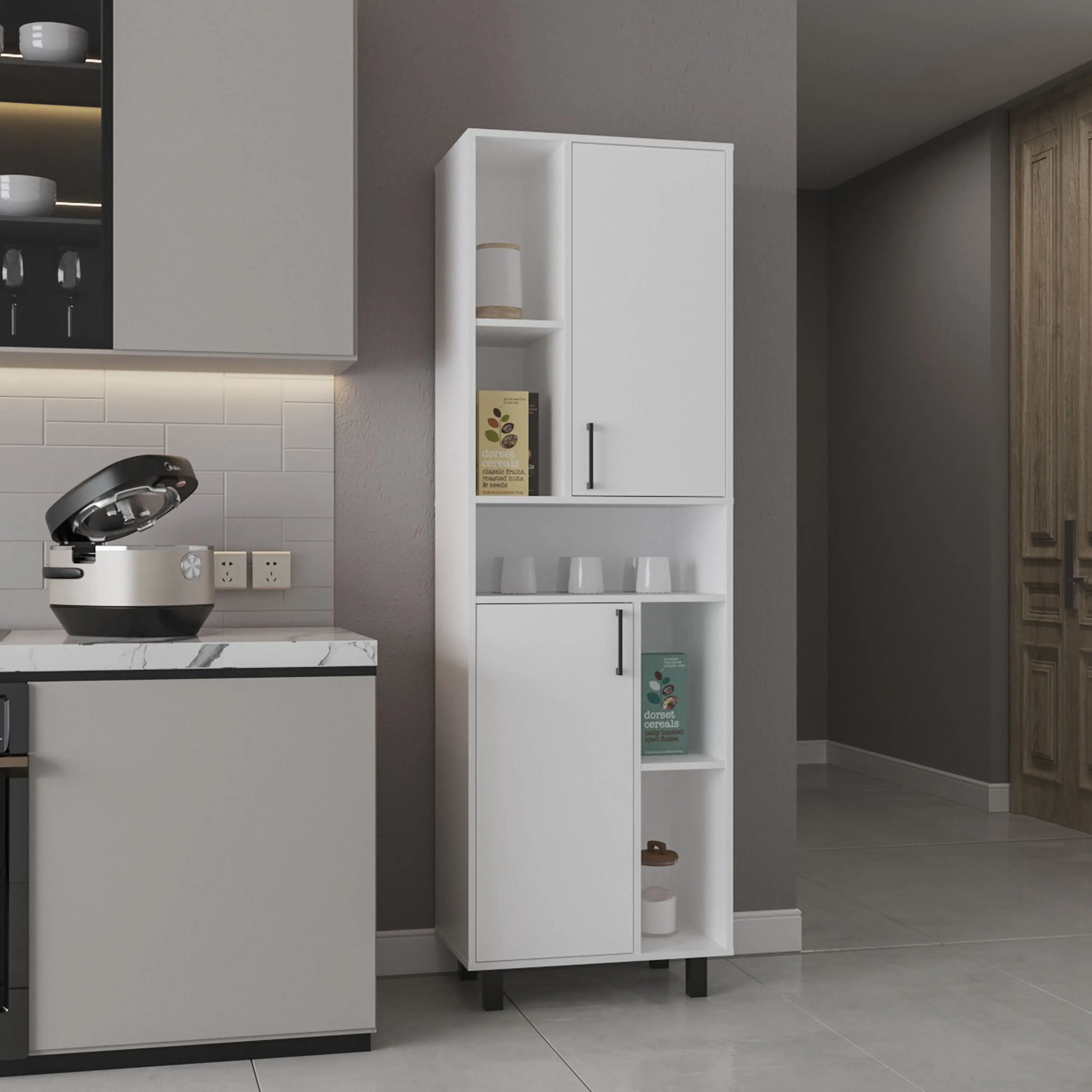 Nokaa Tall Kitchen Pantry Cabinet with 2 Doors, 9 Shelves, 4 Legs, Engineered Wood, White, Narrow Storage Cupboard for Kitchen, Dining Room, Laundry, Ready to Assemble, 74.8" H x 23.6" W x 16.2" D, White Color, Engineered Wood Material