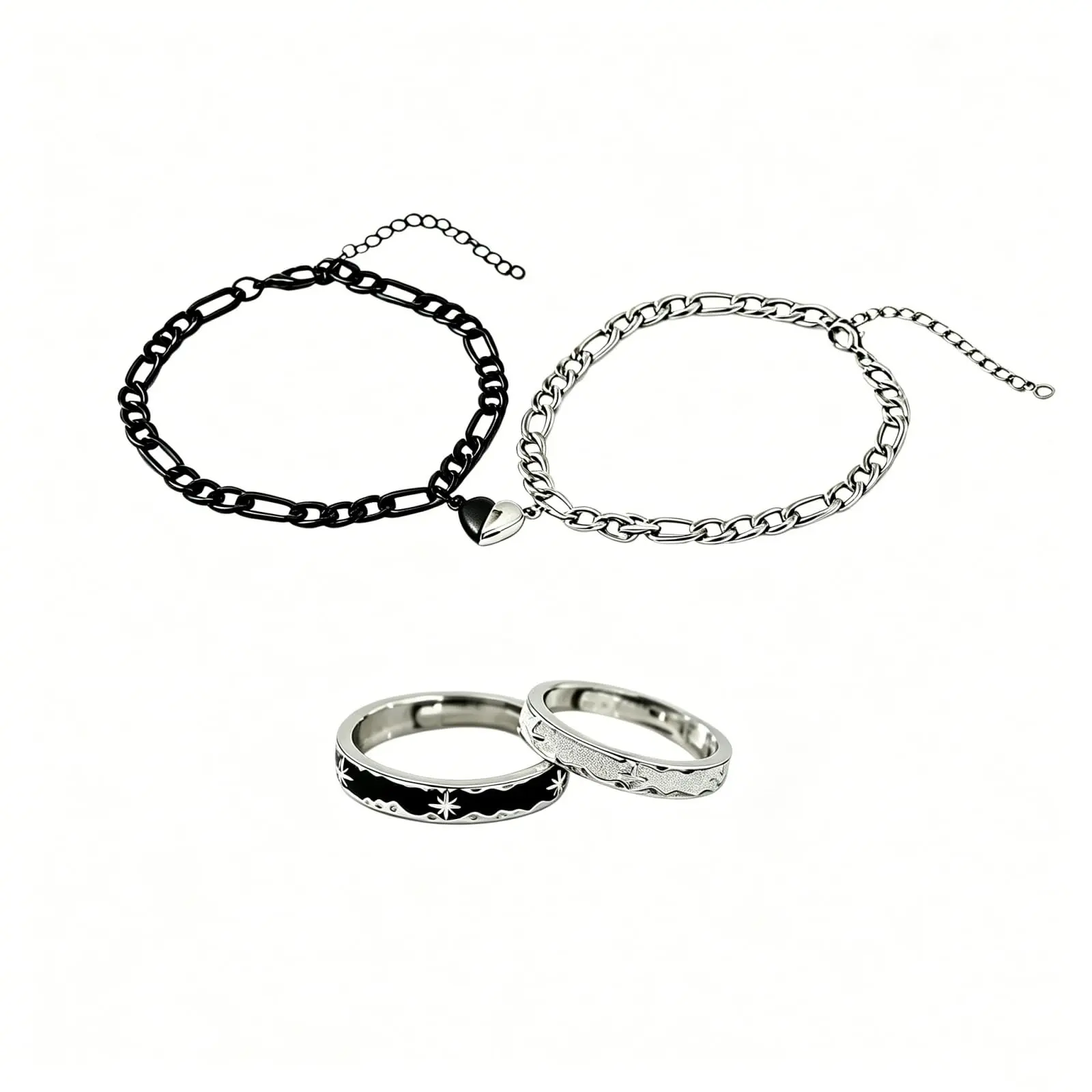 4PCS His Hers Jewelry Set - Stainless Steel Heart Bracelets Promise Rings
