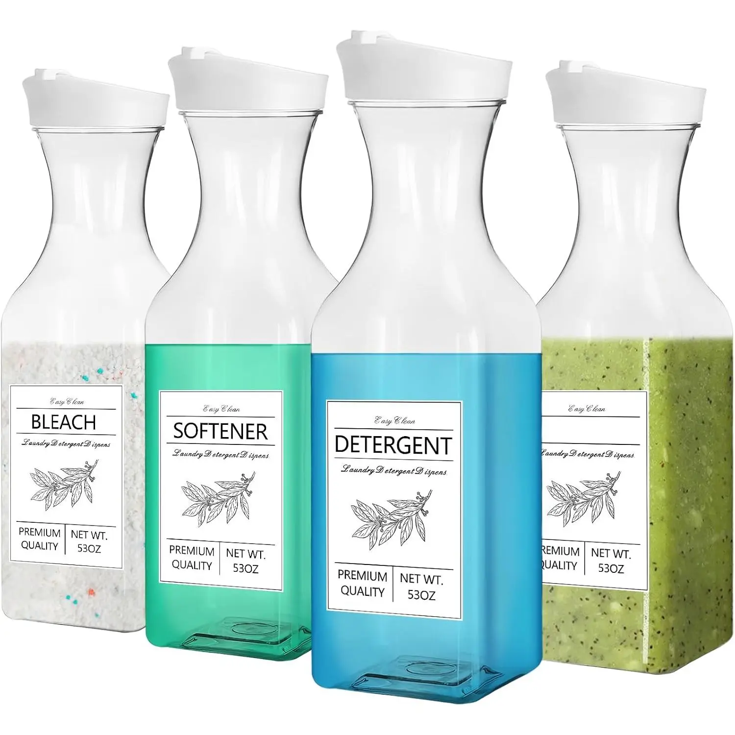 4 Pack Laundry Detergent Dispenser, 53oz Liquid Fabric Softener Dispenser,Plastic Laundry Detergent Containers with 10 count Label,White Lid